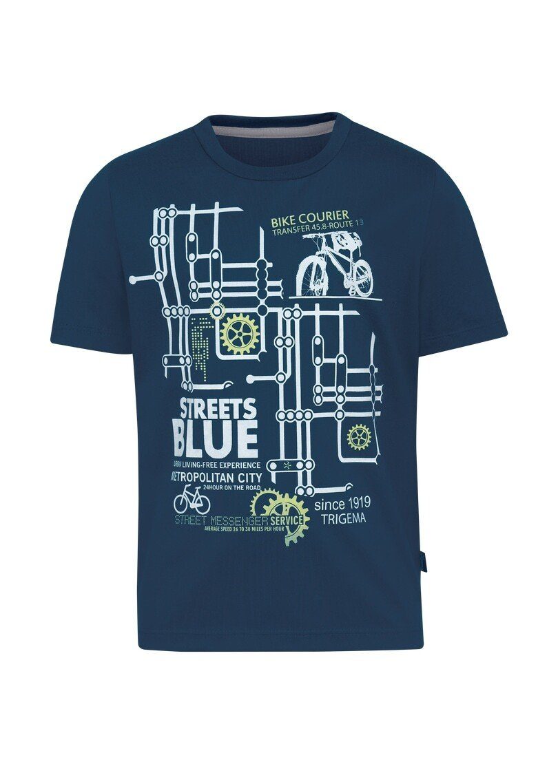 Trigema T-Shirt TRIGEMA modischem Rundhals-Ausschnitt T-Shirt Druckmotiv, mit
