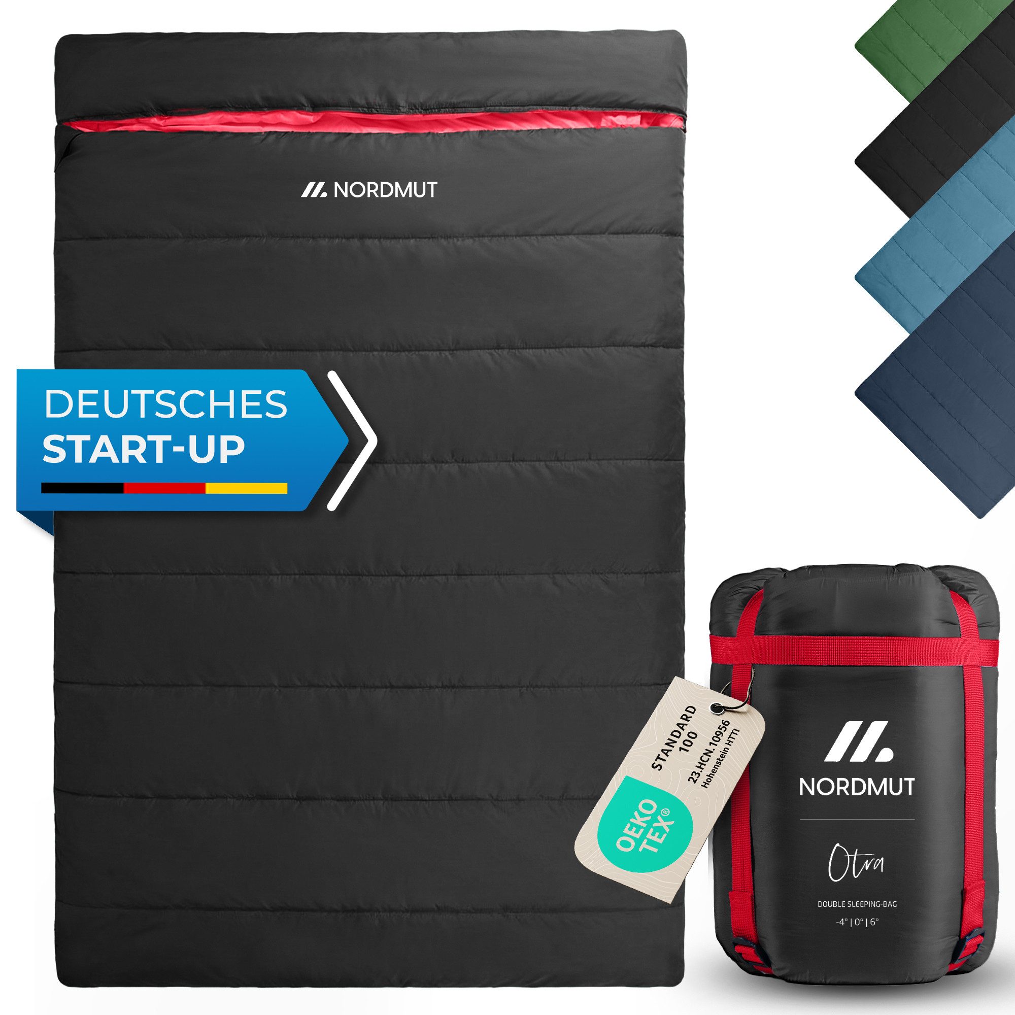 Nordmut Doppelschlafsack Deckenschlafsack XXL 2 Personen Camping Outdoor, warm, koppelbar (Spar-Set, 2 tlg., Nordmut Otra + Kompressionsbeutel), wasserabweisend, kuschelwarm bis 6°C, YKK 2-Wege-RV, kleines Packmaß