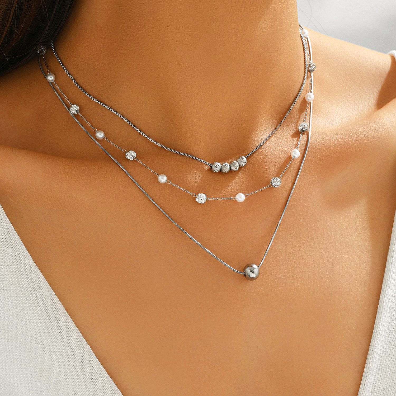 KARMA Ketten-Set Halskette Damen mehrlagig Silber aus Edelstahl (wasserfest & antiallergisch, Damenschmuck Layering-Kette), Damenkette mit Kristallen