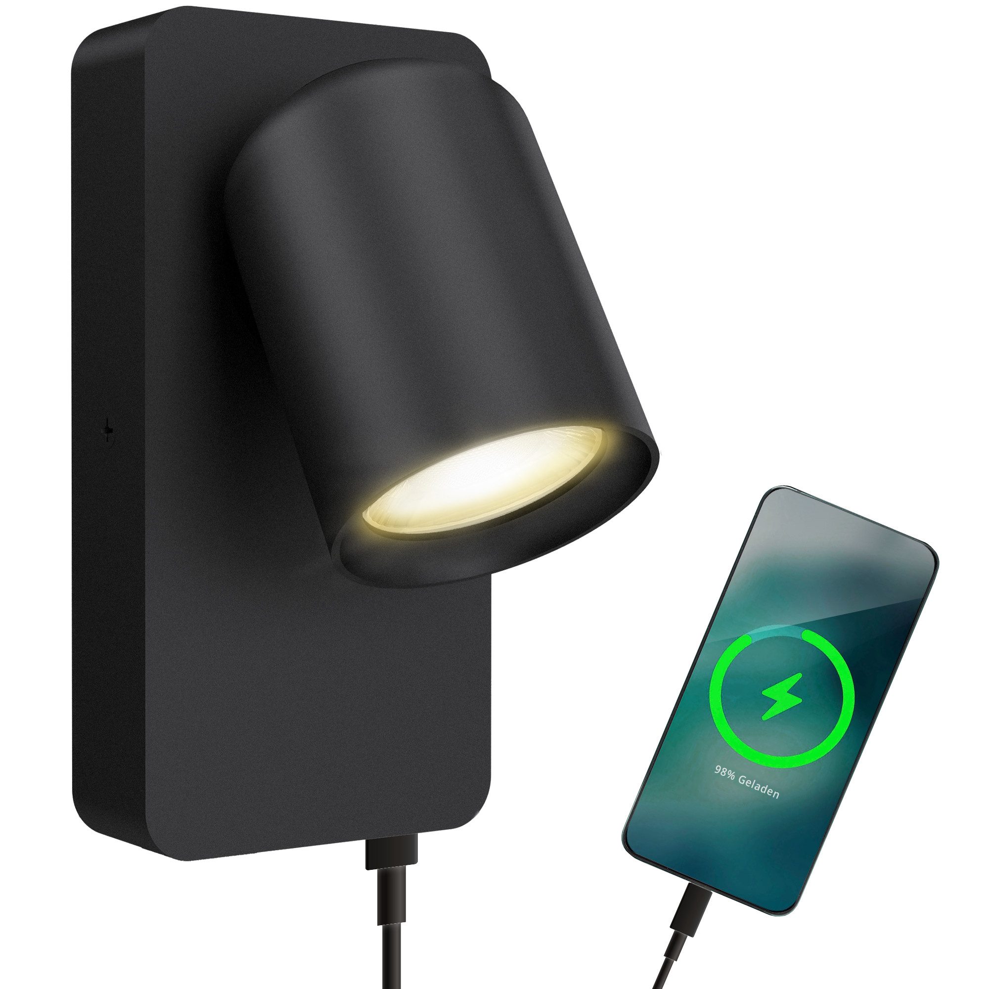 SSC-LUXon LED Wandleuchte Wandleuchte NERU schwarz USB Schalter mit GU10 LED warmweiß, Warmweiß
