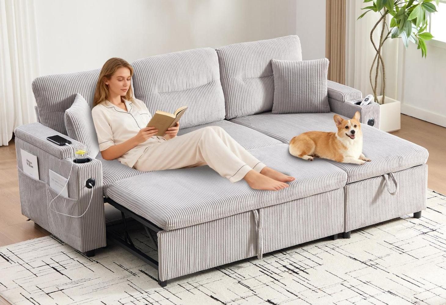 LVHOM Schlafsofa 3er-/4er-Loungesofa mit Ausziehfunktion, mit integriertem Stauraum, Chaiselongue + Ausziehbett, zwei Getränkehalter und Seitentaschen, Stauraum, Armlehnen können zur Aufbewahrung geöffnet werden, drei Rückenkissen und zwei Zierkissen