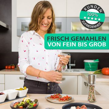 freegreen® Gewürzmühle PREMIUM« Salz und Pfeffermühle 19cm 2er Set + Clean Eating Kochbuch Manuell für ein einzigartig gleichmäßiges Mahlergebnis!, mit verstellbarem Keramik-Mahlwerk und Geschenkverpackung