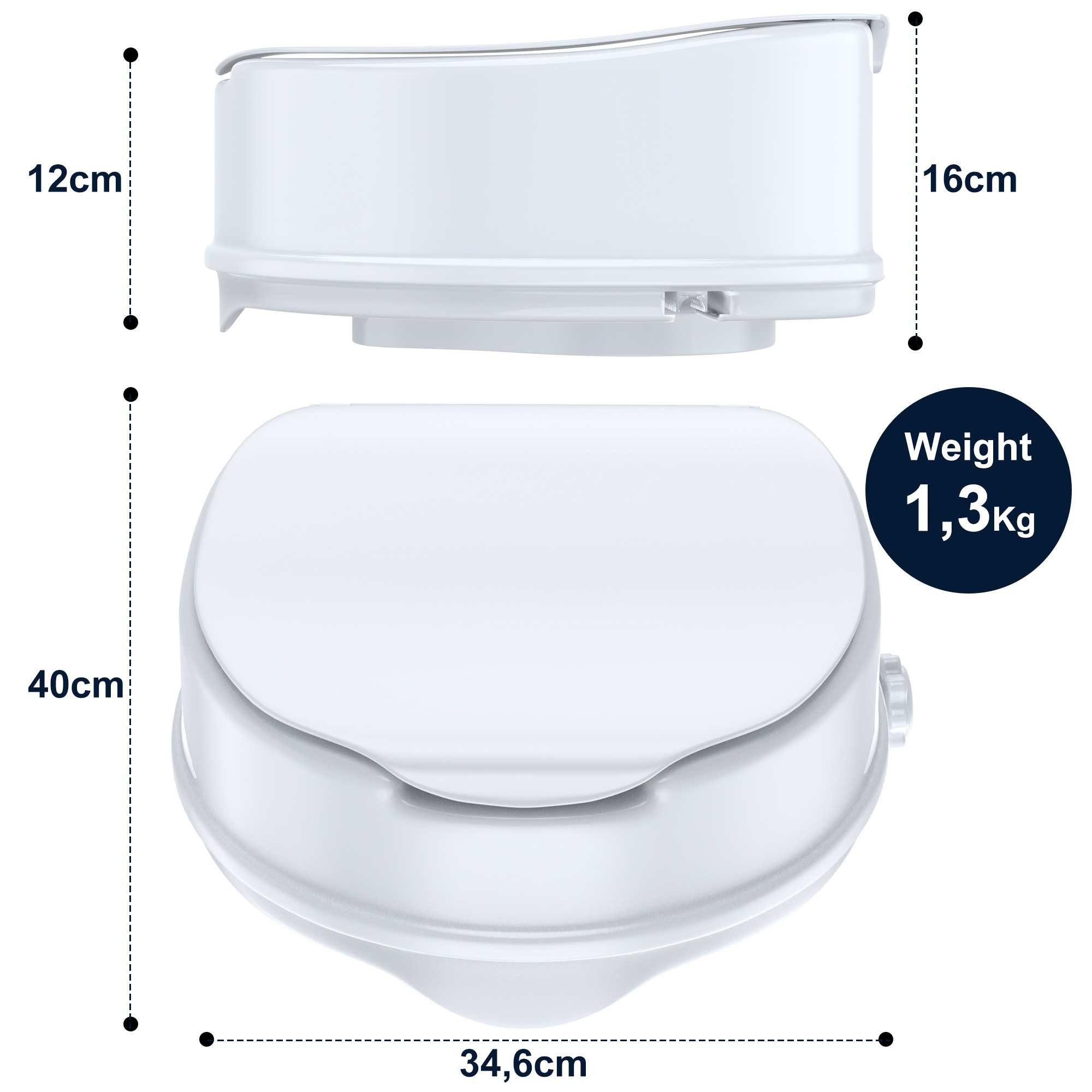 BBG Toilettensitzerhöhung Toilettensitzerhöhung bis 180 kg, ergonomisch gerundet, rutschfest, 12 cm, 12 cm /15 cm, Front- & Rücköffnung, werkzeuglose Montage