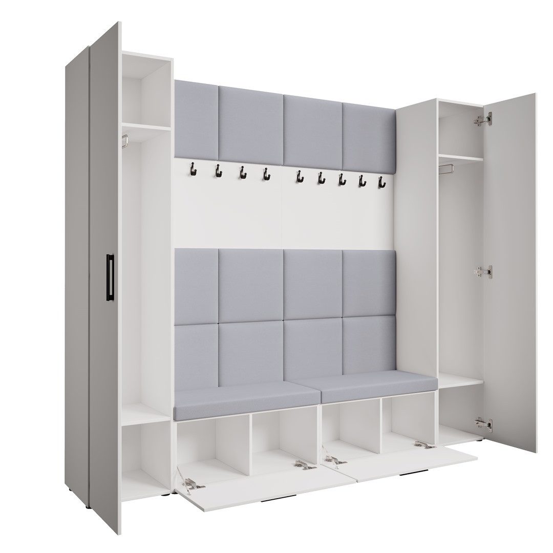 Beautysofa Garderobenschrank Garderobenschrank mit gepolsterten Paneelen MARGARET XL (mit eleganten Kleiderbügeln und komfortablen Schuhschränken) mit 2 Vertikalschränken mit Kleiderstange