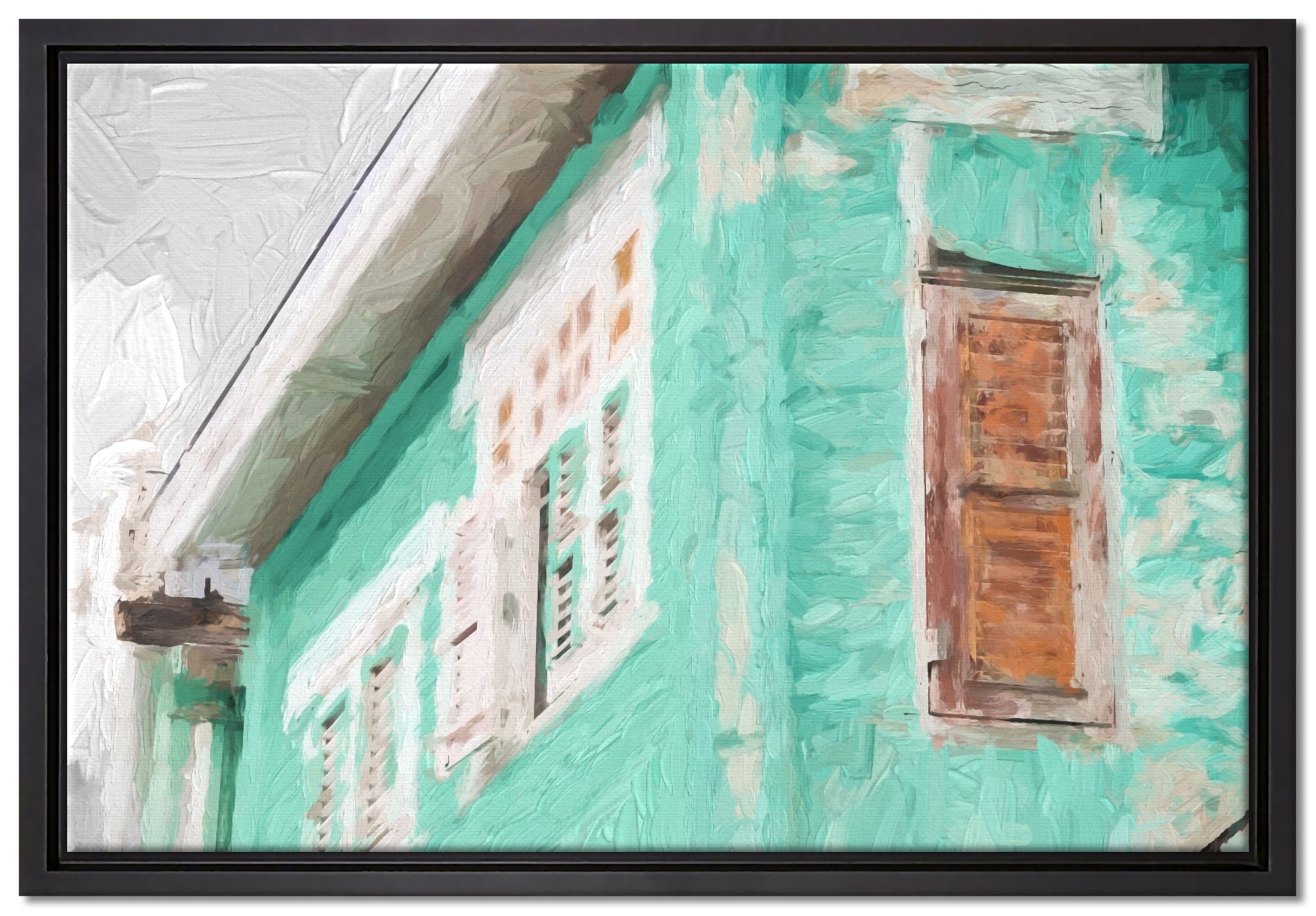Pixxprint Leinwandbild altes karibisches Haus, Wanddekoration (1 St), Leinwandbild fertig bespannt, in einem Schattenfugen-Bilderrahmen gefasst, inkl. Zackenaufhänger