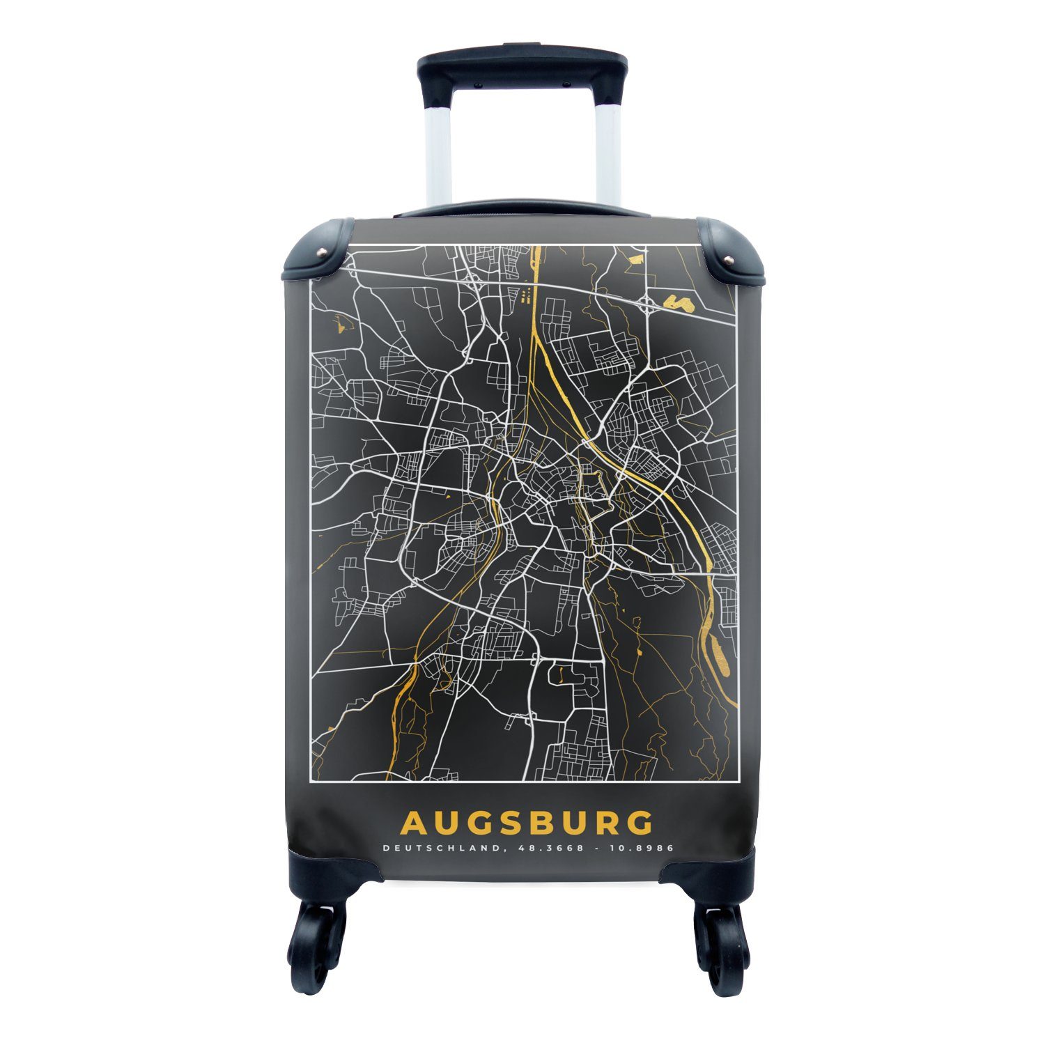 MuchoWow Handgepäckkoffer Augsburg - Stadtplan - Gold - Karte - Deutschland, 4 Rollen, Reisetasche mit rollen, Handgepäck für Ferien, Trolley, Reisekoffer