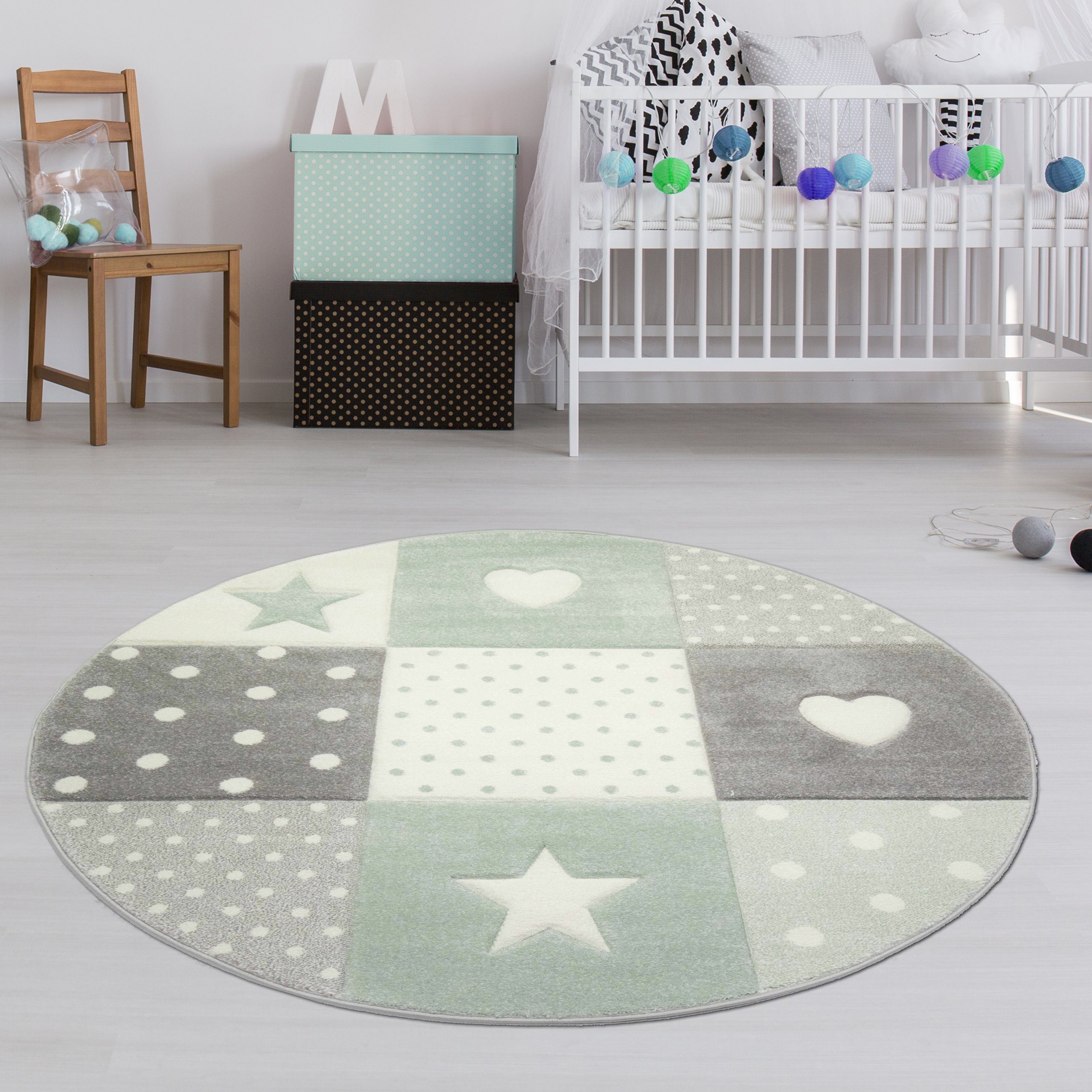 TeppichHome24 Kinderteppich Kinderteppich Herz Stern Punkte Design grün grau creme, Rund, Höhe: 1.3 mm