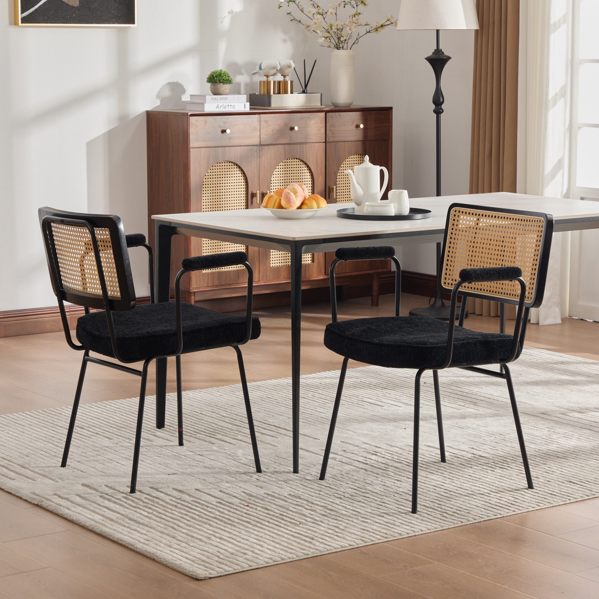 STILVORA Esszimmerstuhl 2er-Set Küchenstuhl mit verstellbare Metallfüße in Rattan-Optik (Massivholzrahmen, Chenillebezug, Schaumstoffpolster, robust), für Esszimmer, Küche, Homeoffice, Café und Ferienwohnung