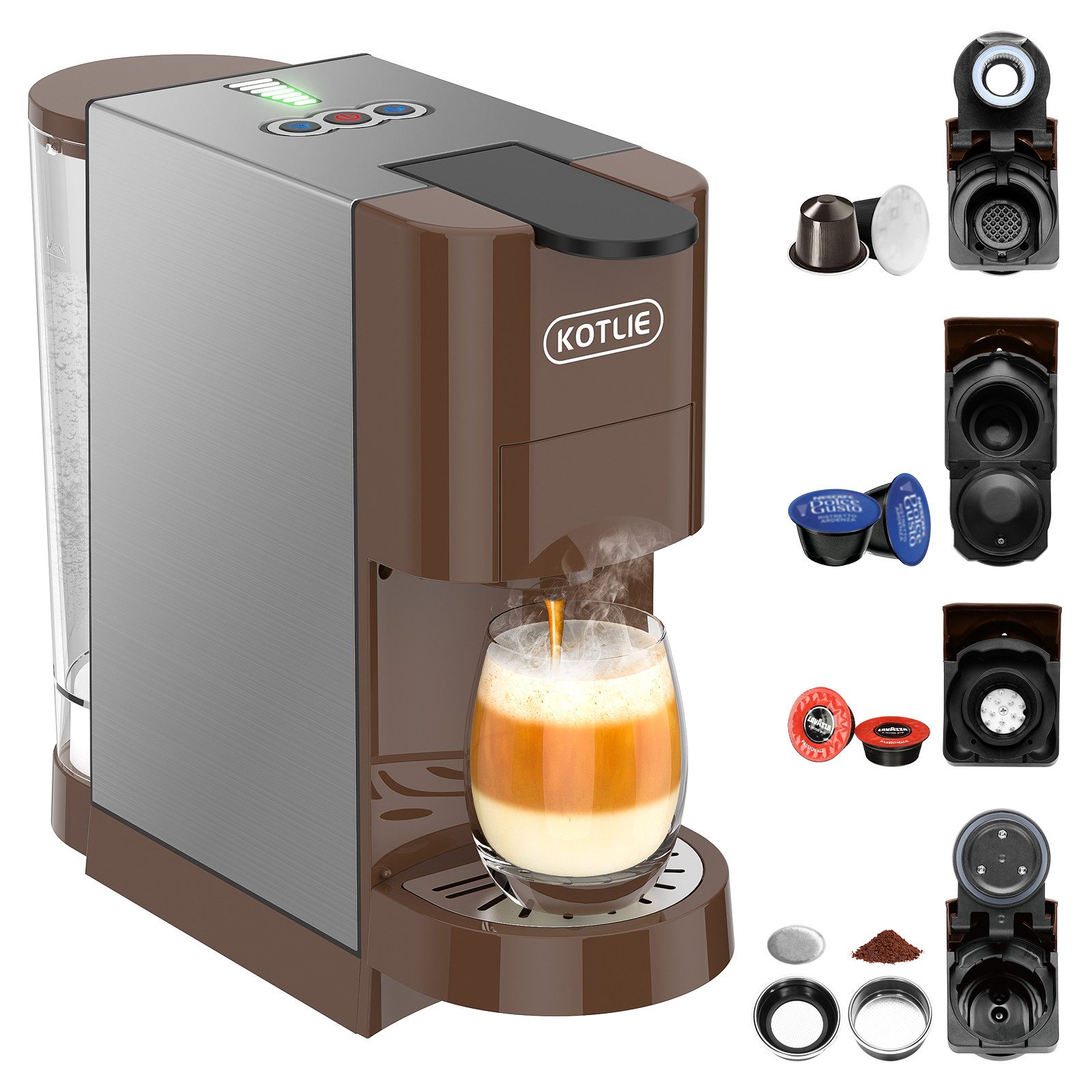 KOTLIE Kapselmaschine 5 in 1 Kaffeemaschine für Nespresso Original/Dolce Gusto/Lavazza, Gemahlener Kaffee/ESE(44mm), Höhe für große Tassen
