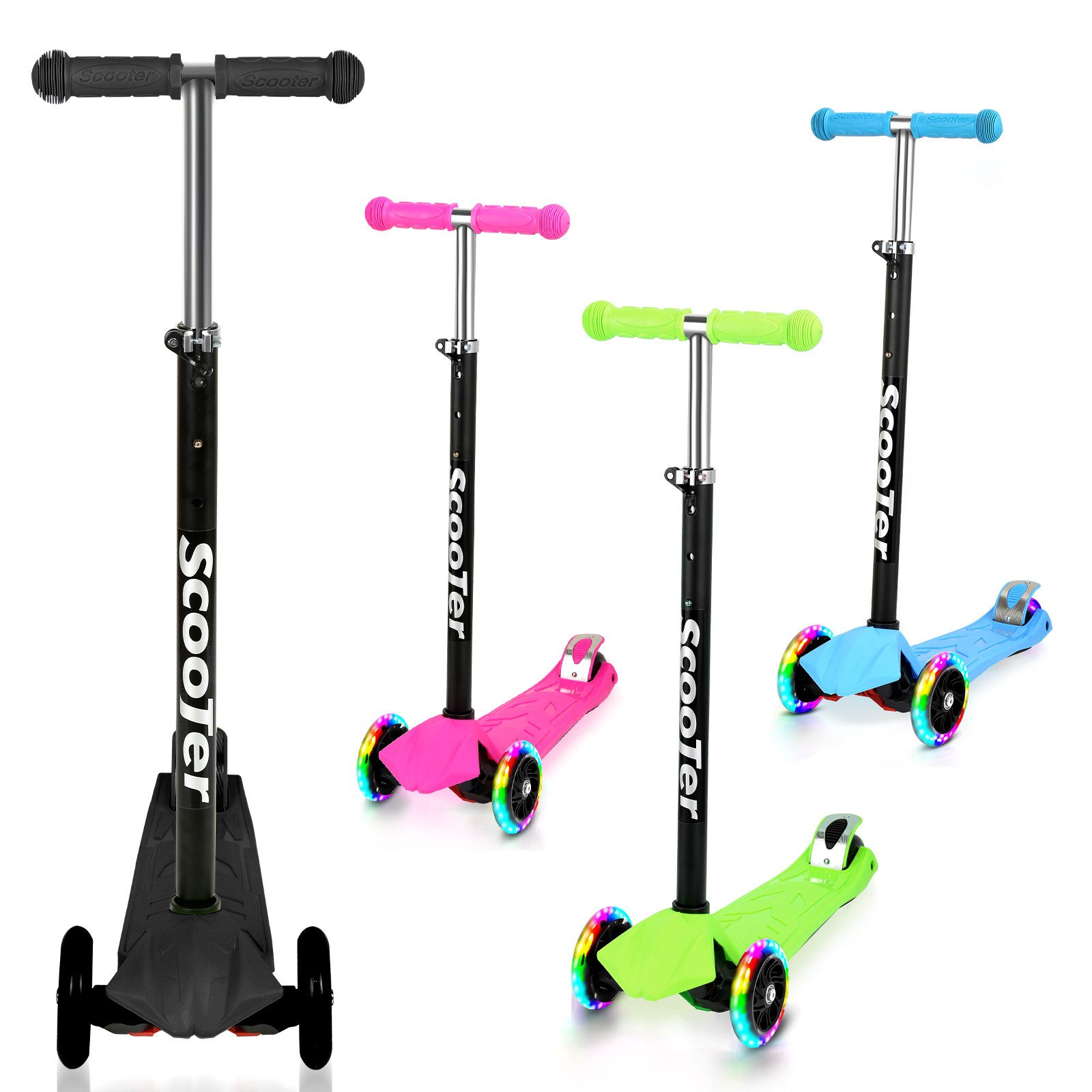 Clanmacy Scooter Kinderroller Tretroller mit 3 LED-Rädern Höhenverstellbar & Klappbar