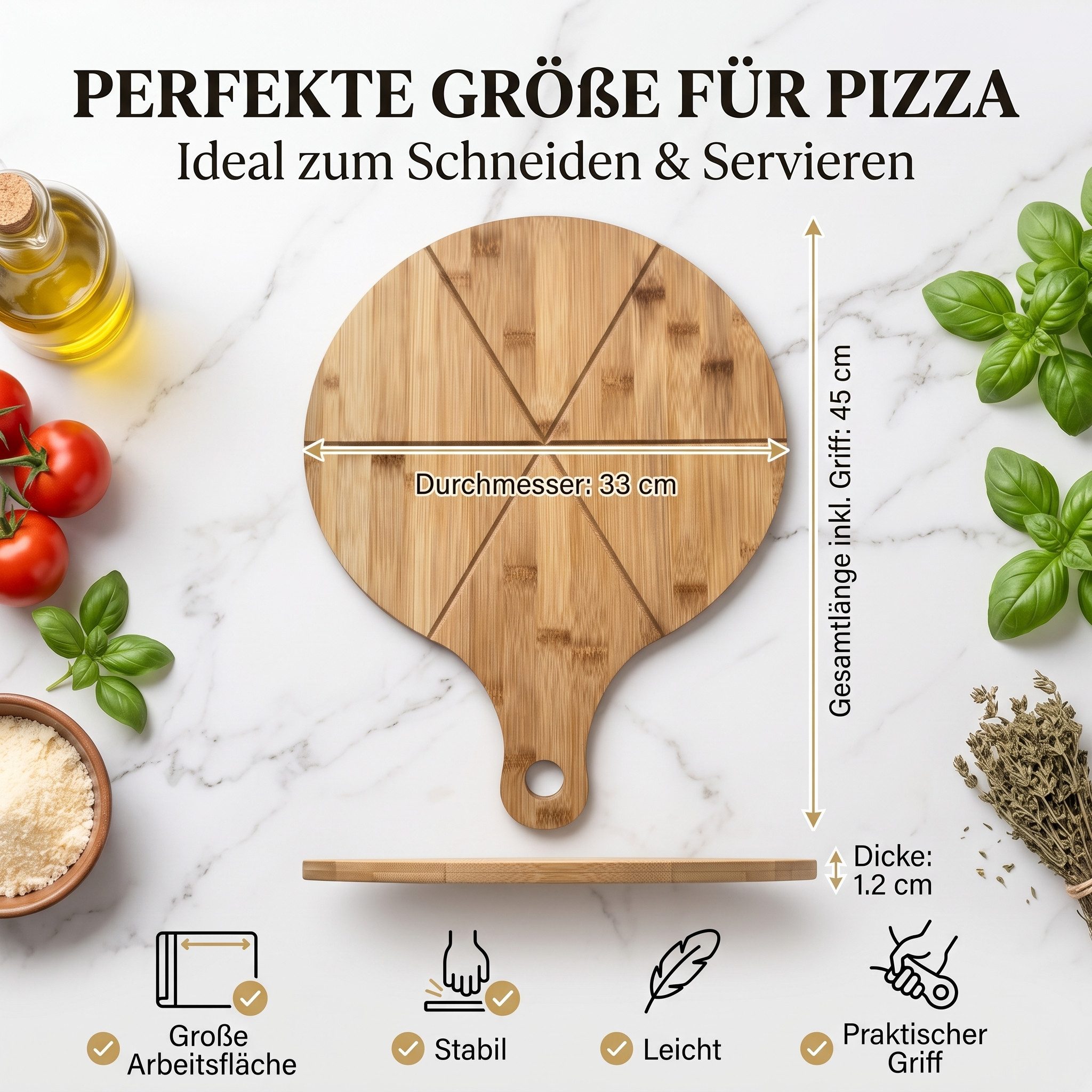 hausleben Pizzaschneidebrett Pizzabrett - Rundes Schneidebrett mit Griff und Schneiderillen, Bambus Pizzabrett, (Holz Pizzateller für Flammkuchen, 4-St., 2 Serv – Bild 5 von 5