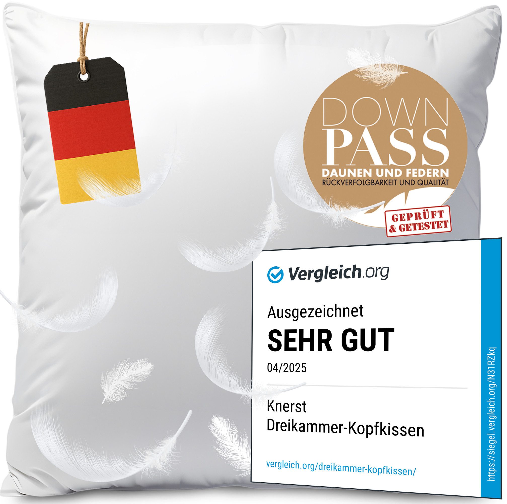 KNERST Daunenkissen hypoallergenen, bei 60°C waschbar, Füllung: 90% Daunen, 10% Federn, Seitenschläfer, Bauchschläfer, Rückenschläfer, 3 Kammer, 80x80cm, Luxusqualität Daunenkopfkissen, Allergiker geeignet