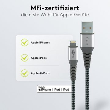 Goobay Lightning auf USB-A Textilkabel mit Metallsteckern USB-Kabel, USB Typ A, Lightning (50 cm), Datenübertragung bis 480 Mbit/s, Apple-MFi-Zertifizierung, Grau