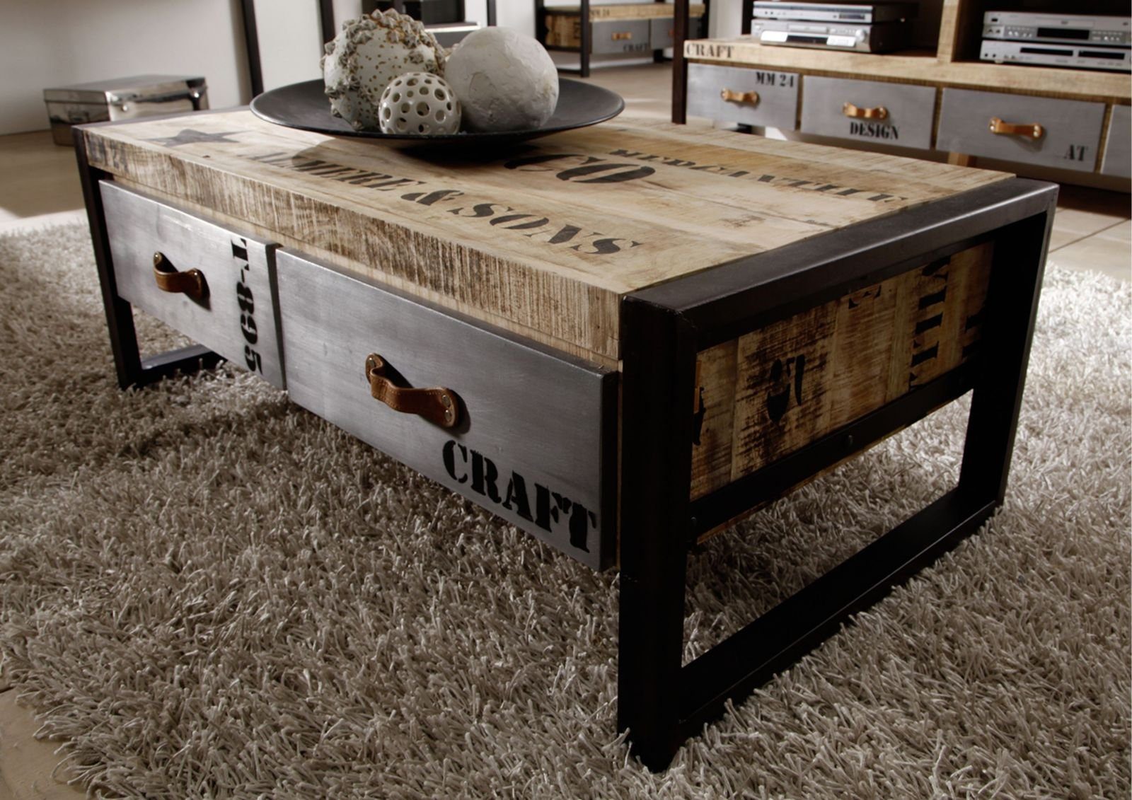 Massivmoebel24 Couchtisch FACTORY (Massivholz, Massivholztisch), Couchtisch Mango 115x60x40 natur bedruckt FACTORY #128