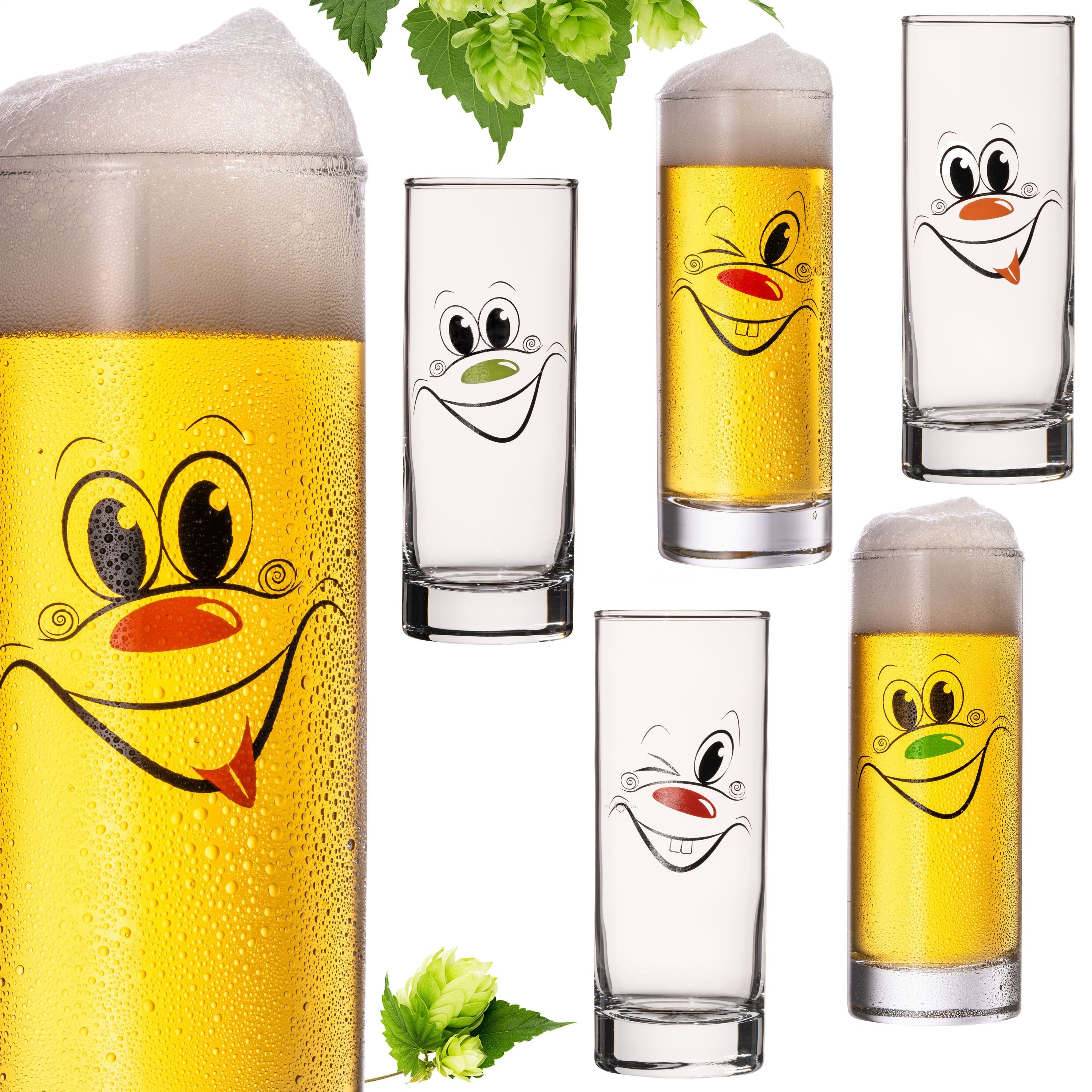 PLATINUX Bierglas Kölschgläser mit lustigen Gesichtern 300ml, Glas, (max 335ml) Set 6 Teilig Biergläser Bierstangen Karneval