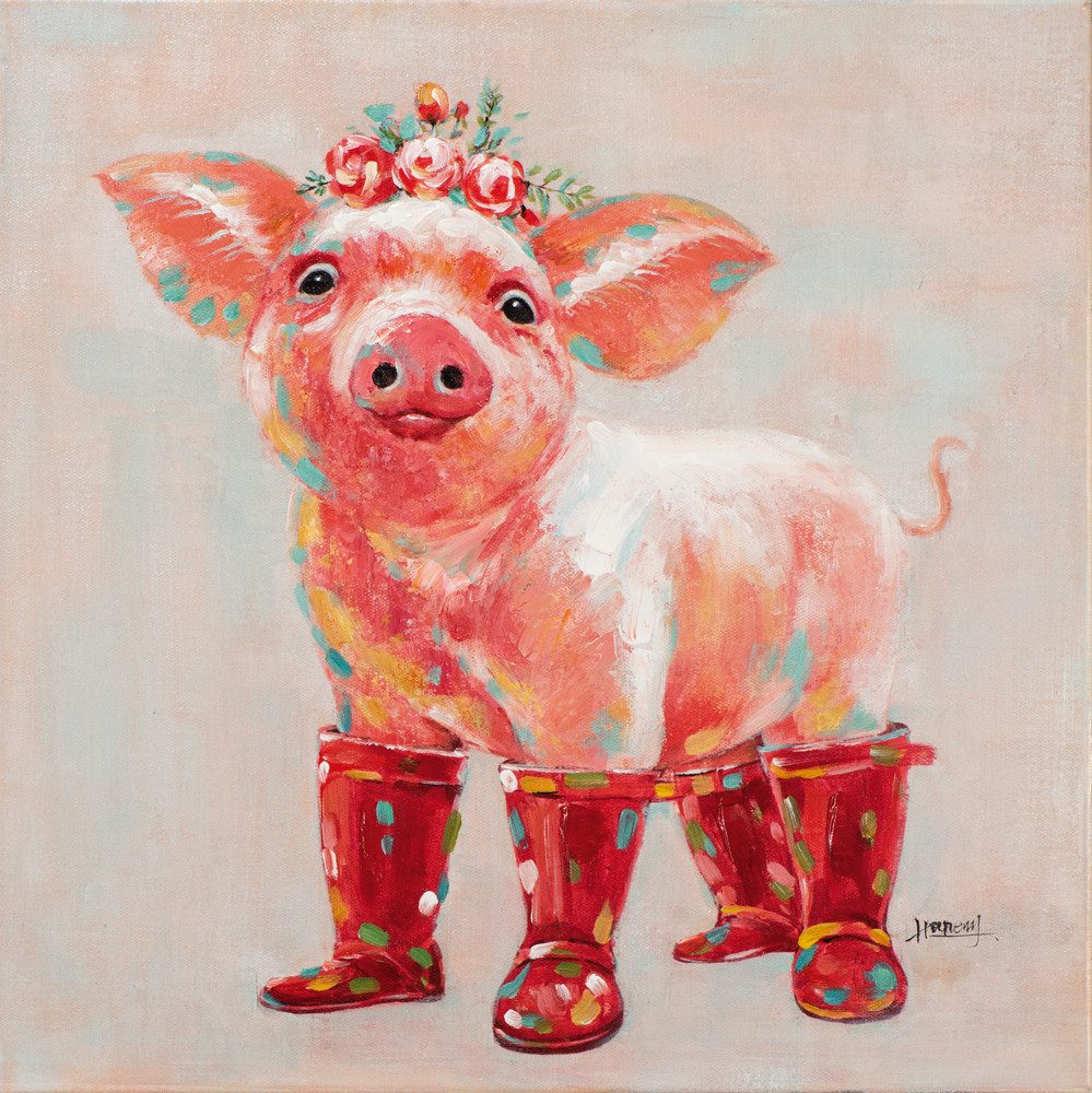 ArtUniverse Gemälde Leinwandbild Schweinchen mit roten Gummistiefeln 50 x 50 cm, Tiermotiv