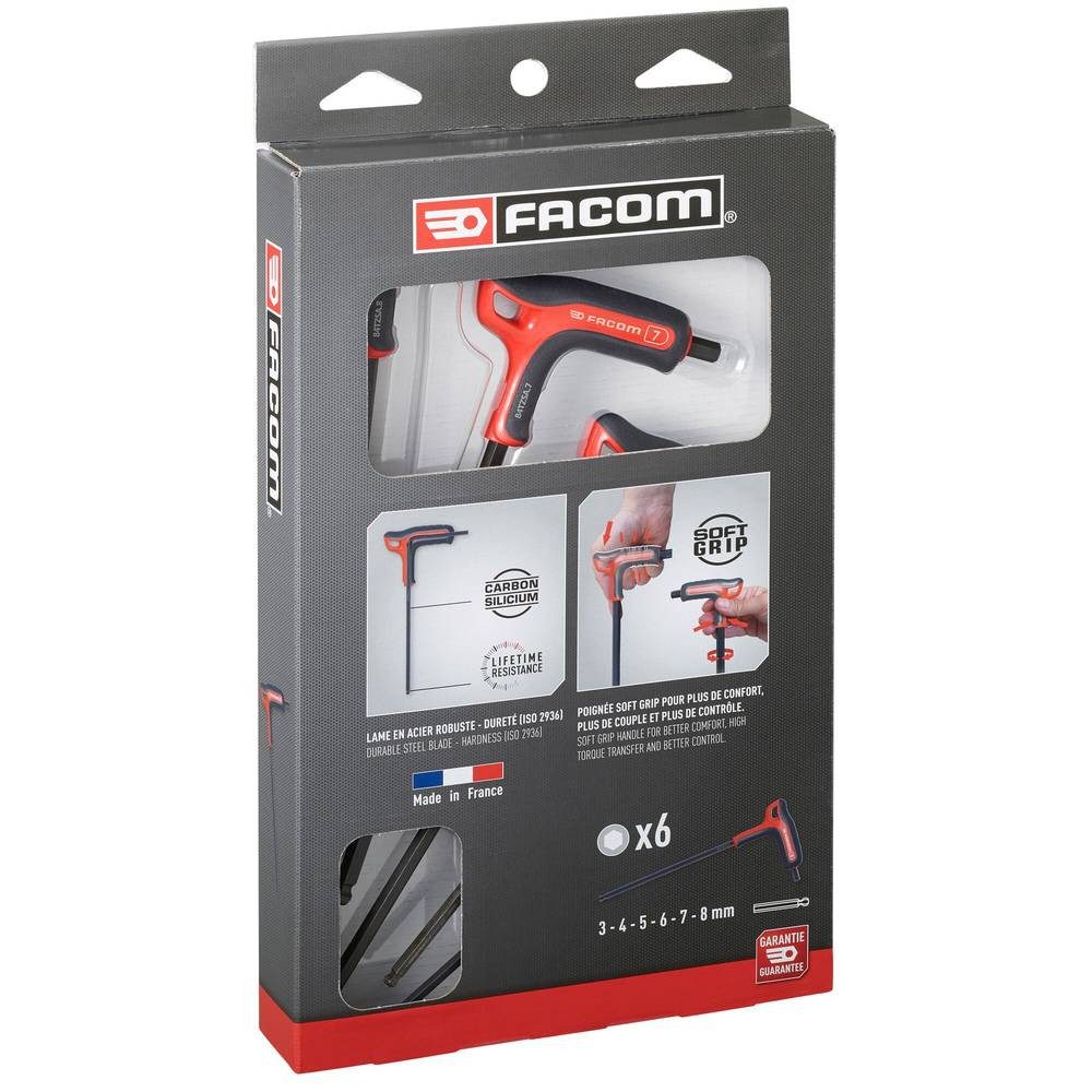 Facom Schraubendreher Sechskant-Kugelkopf-Stiftschlüsseln-Satz,m. T-Grill 6-tlg 84TZSA.PB, Seitenabtrieb, Kugelkopf, T-Griff