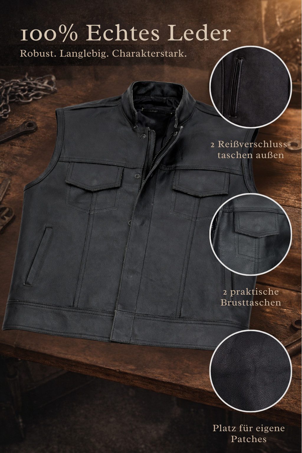 PAULGOS Motorradweste Lederweste Biker Kutte Clubweste Chopper Weste 100% Echtleder - BW4