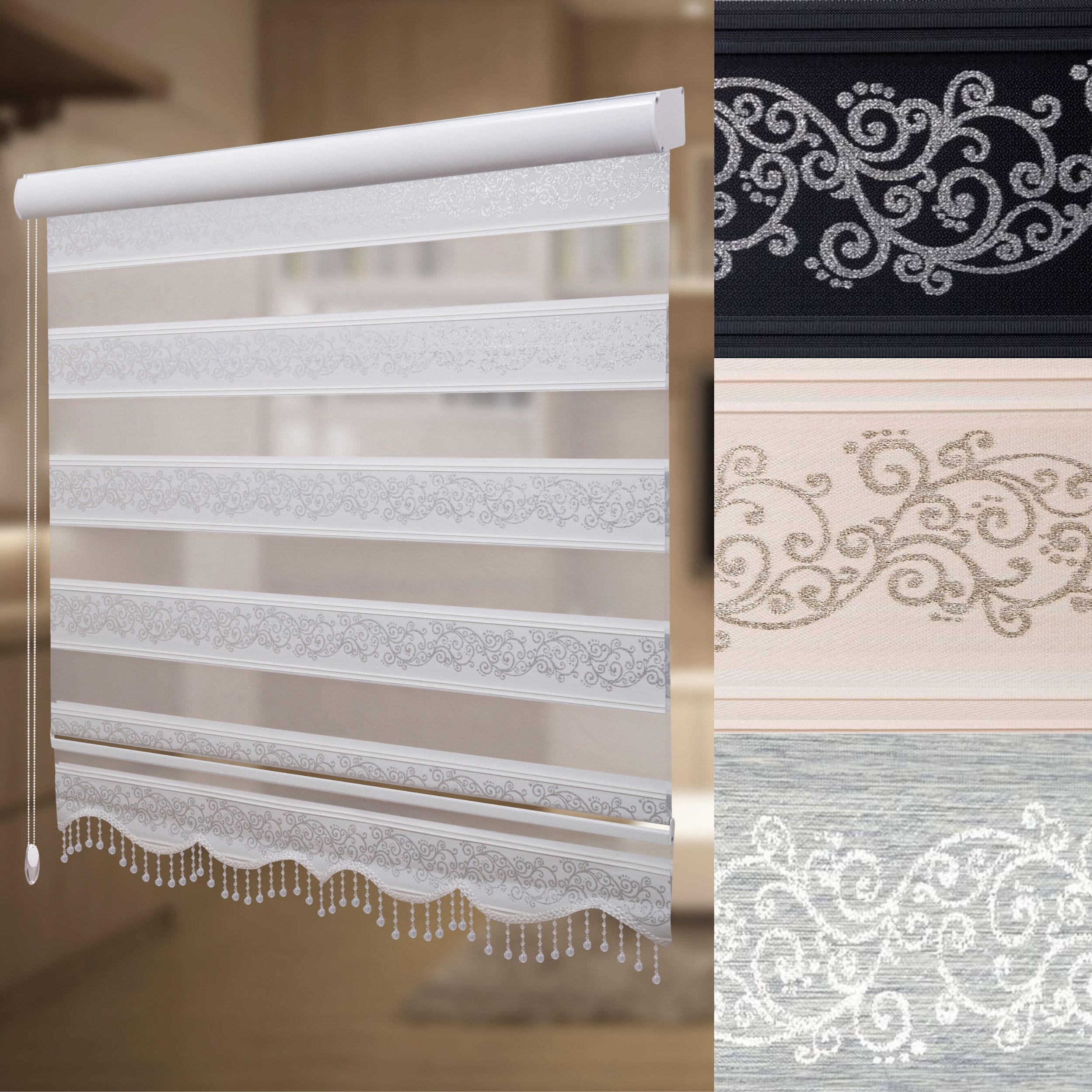 Doppelrollo Duorollo Doppelrollo mit Kassette Rankenmuster und Perlen Höhe: 250 cm, Plisseeonline, blickdicht, Deckenmontage, Freihängend, Deckenmontage mit Clips, Mit Motiv und Alu Kassette in Weiß Gold Schwarz