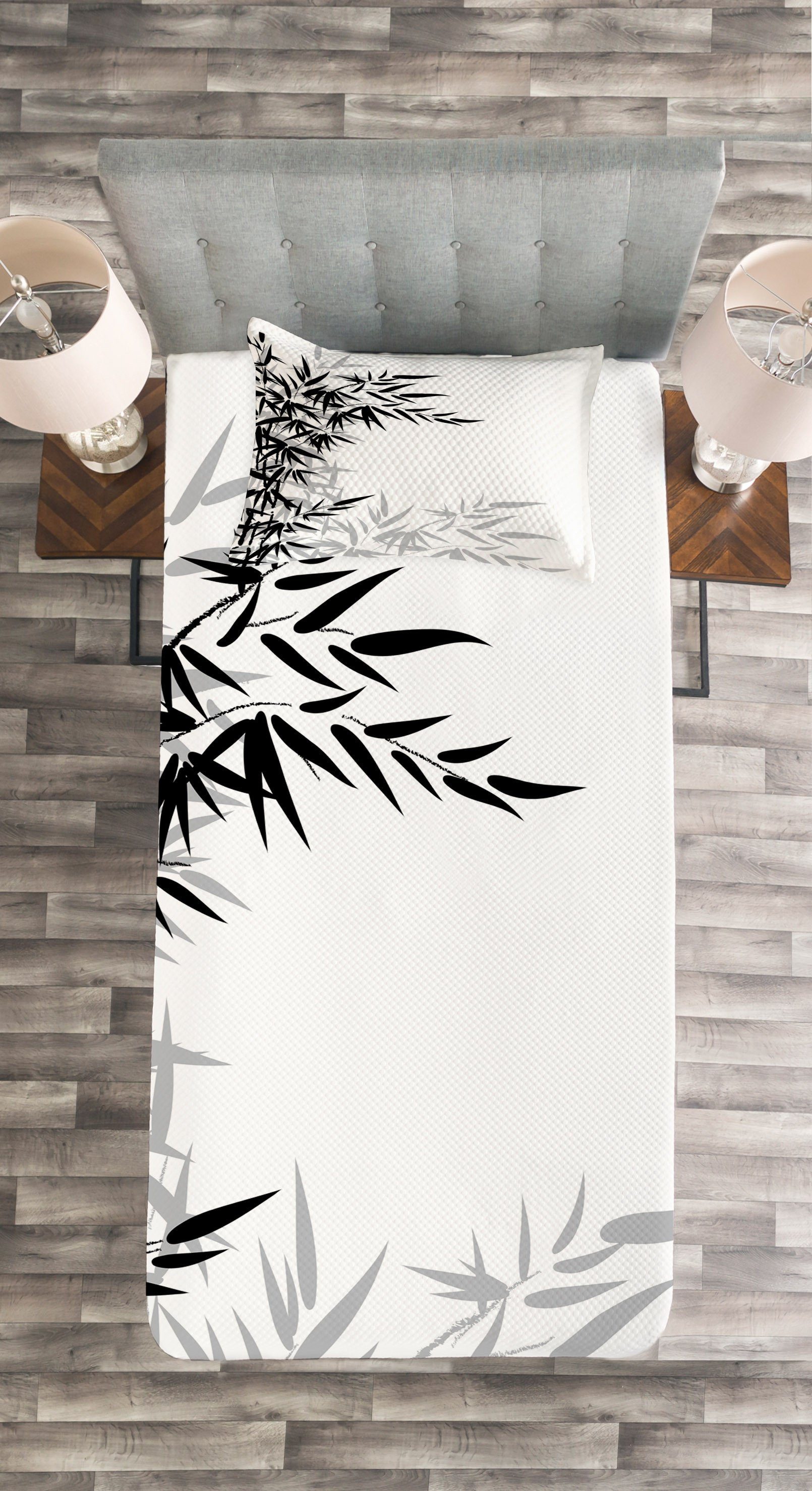 Tagesdecke Set mit Kissenbezügen Pflanzenblätter Waschbar, Abakuhaus, Bambus Schwarz-Weiss