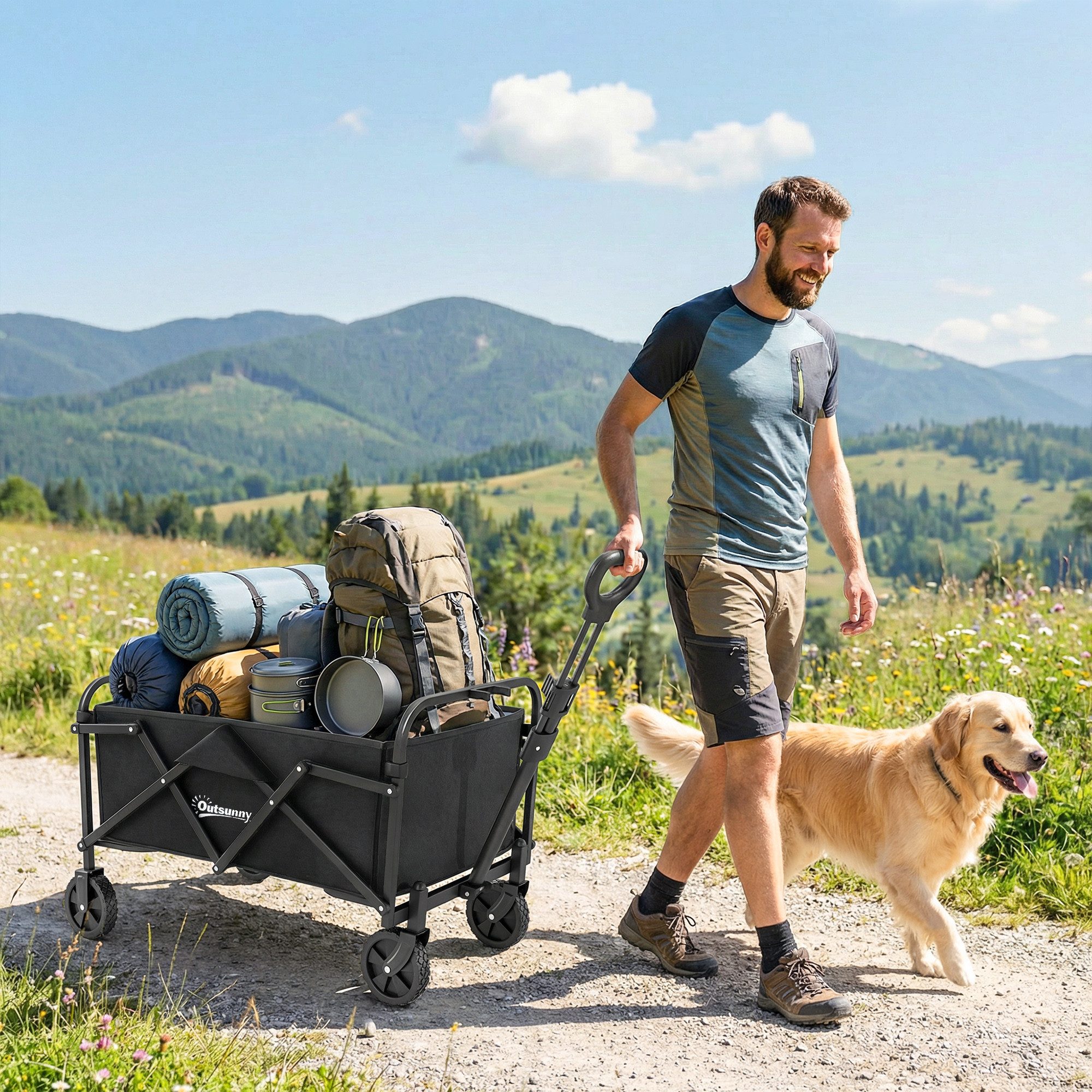 Outsunny Fahrradlastenanhänger Faltbarer Bollerwagen mit Griff Verstellbarer Griffhöhe, bis 68 kg Tragkraft, für Sport, Einkauf, Camping, Schwarz