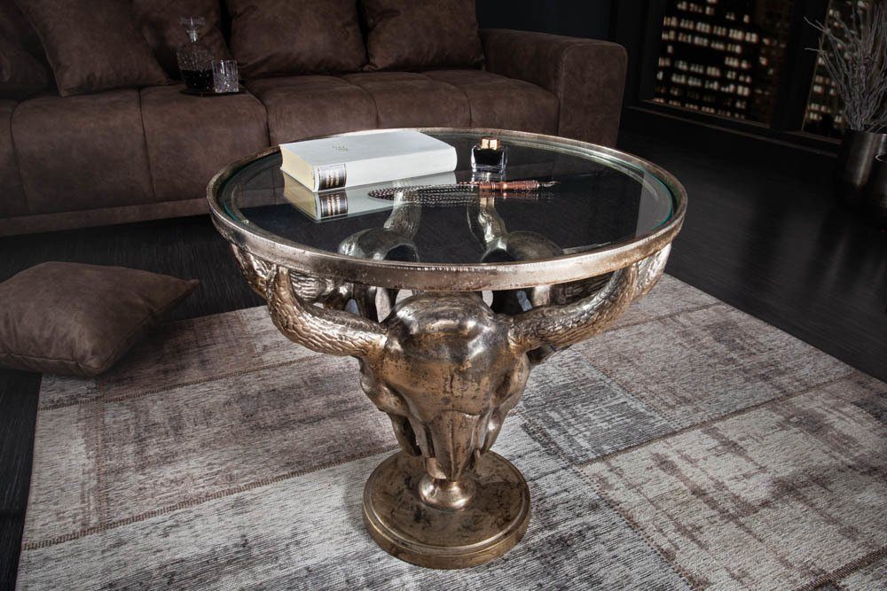 riess-ambiente Couchtisch MATADOR 56cm bronze, Wohnzimmer · Metall · rund · Stierkopf · Glasplatte · Wild-West Stil – Bild 3 von 5