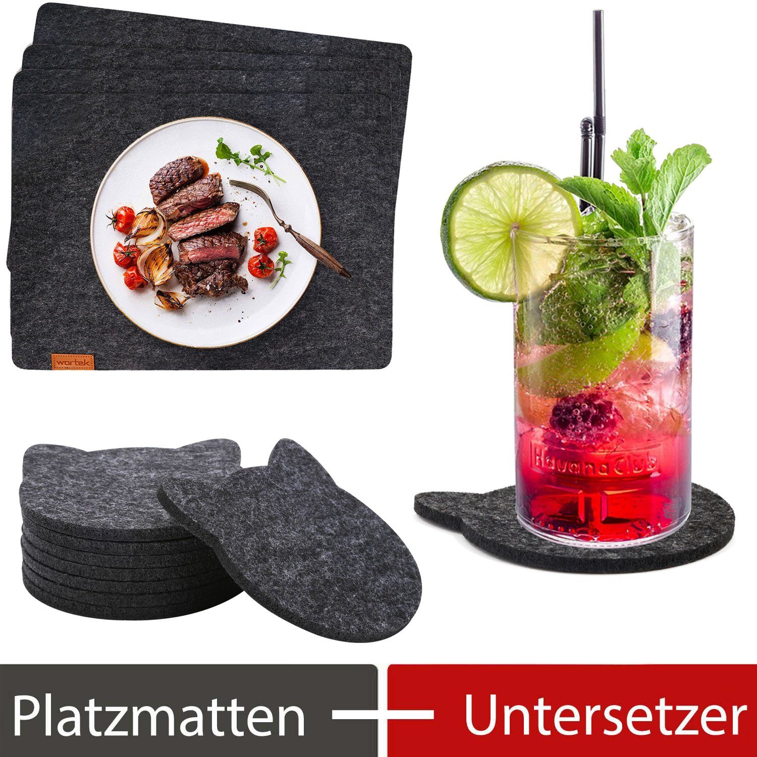 Platzset, Filz Tischset + Untersetzer Katze, wortek, (Set, 4 + 8-St), waschbar