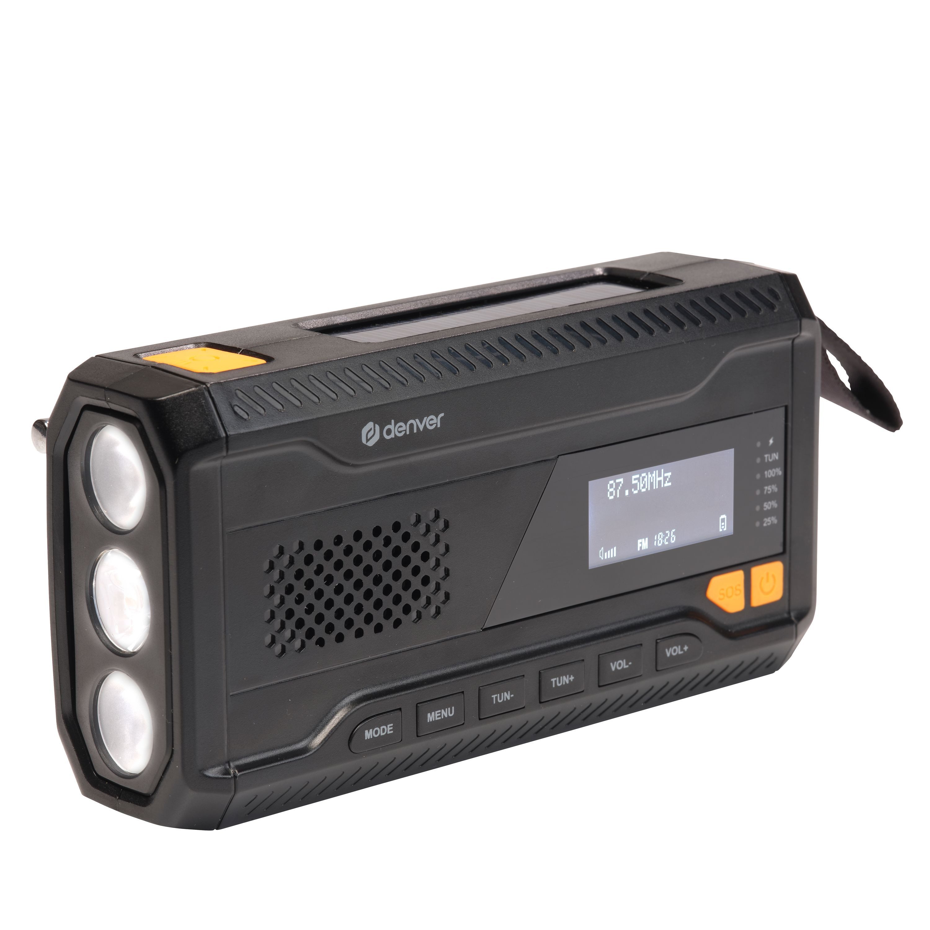 Denver SCD-2033 Radio (DAB+, FM, 30 DAB-/30 FM-Speicher, ASA-Alarm, SOS-Alarm, Taschenlampe, Teleskopantenne, Bluetooth, 2 W, Solar, Handkurbel, ASA-Sicherheitsalarm, Powerbank, 30+30 Presets)