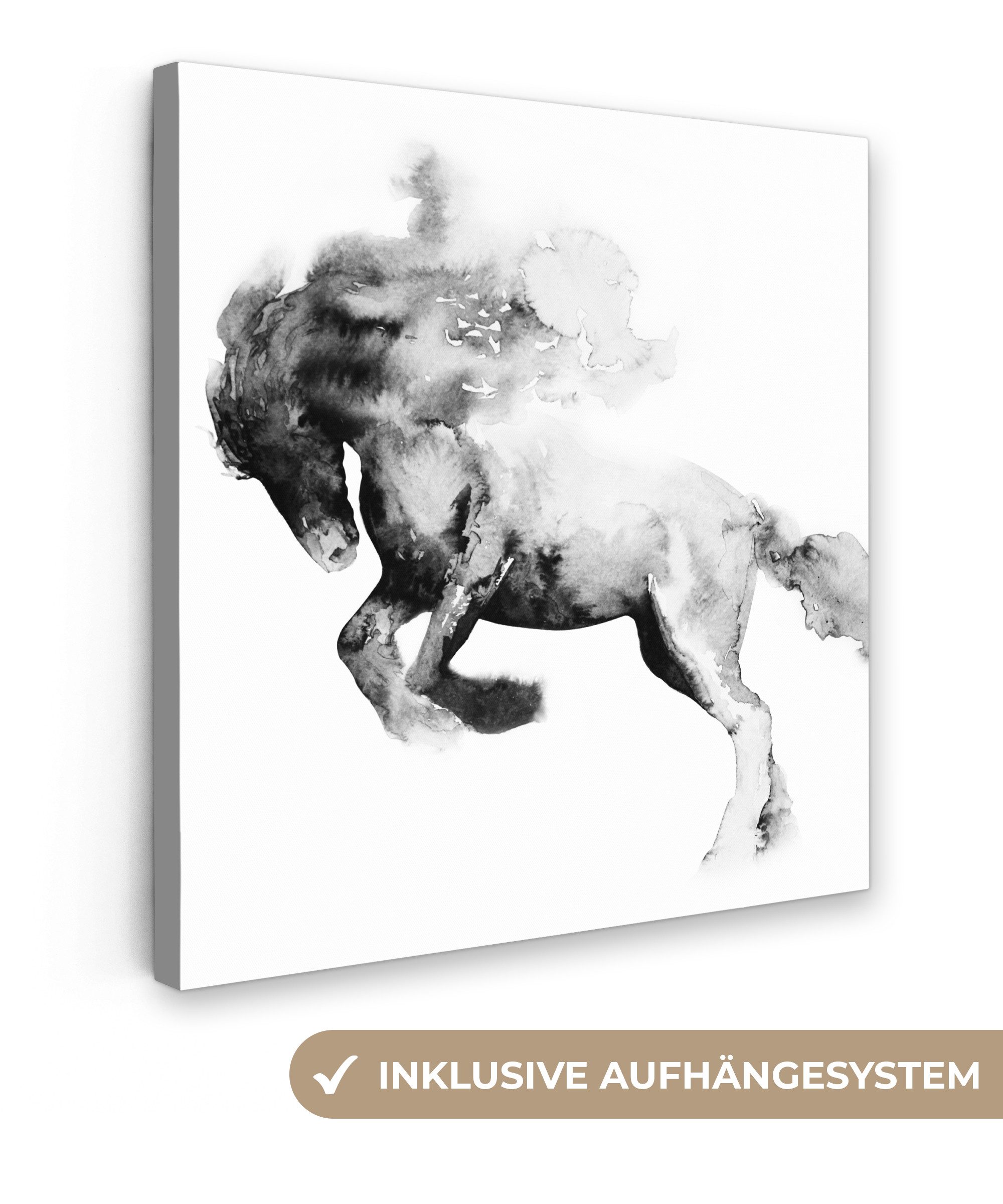OneMillionCanvasses® Leinwandbild Kunstdrucke - Pferd - Tiere - Ölfarbe - Schwarz - Weiß, Fotodruck (1 St), Wandbild, Deko Schlafzimmer Wohnzimmer Flur 20x20 cm