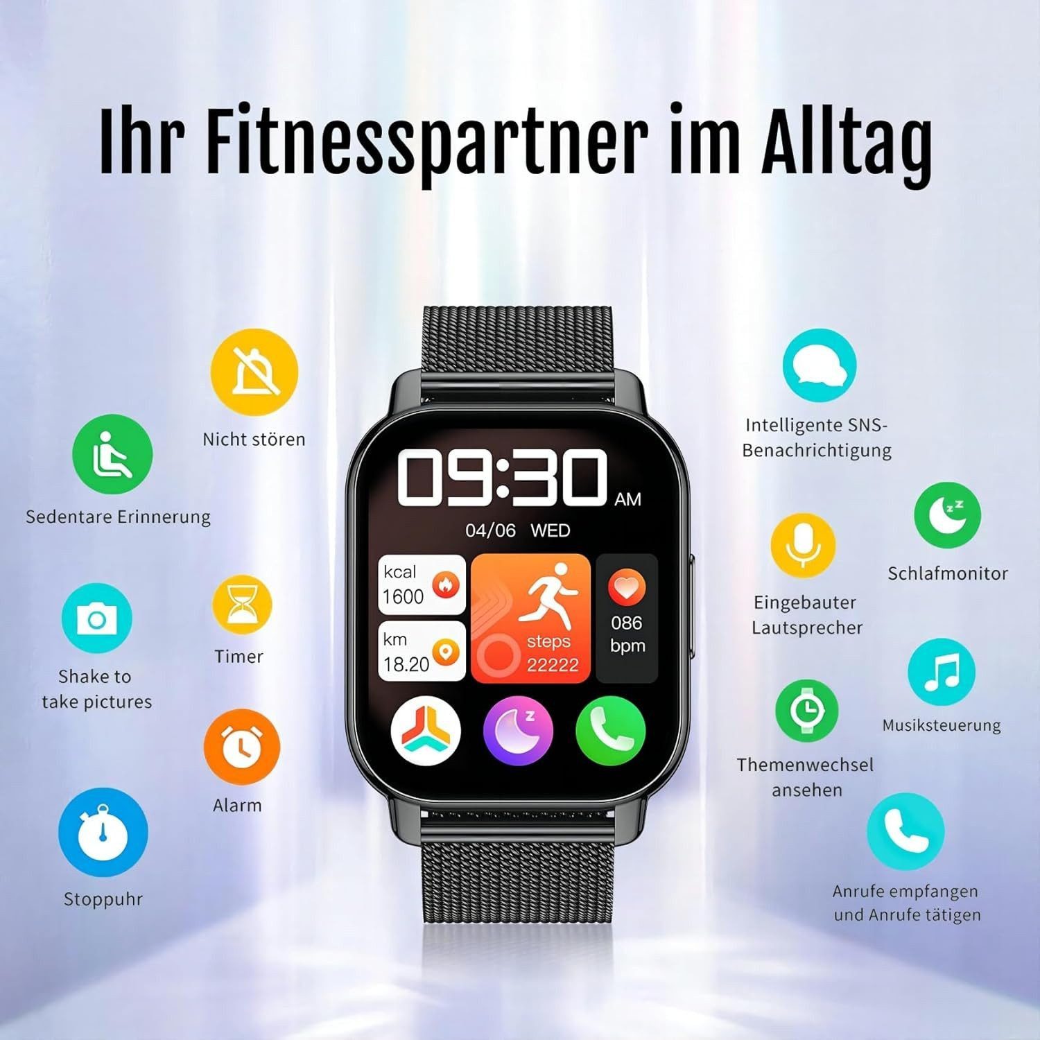 Zevelora Damen's und Herren's Telefonfunktion Fitness-Tracker IP67 Wasserdicht Smartwatch (1,85 Zoll, Android/iOS), mit austauschbarem weichem Silikonarmband, mit Puls-Schlaf-Monitor Schrittzähler Sportuhr 110+ Sportmodi