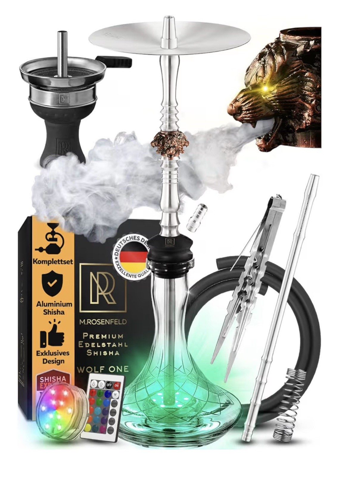 M. Rosenfeld Shisha-Kopf Wolf One, Edelstahl V2A mit Wolf Köpfen Komplettset 85cm, (1 St), Top-Qualität aus Edelstahl V2A & Kupfer