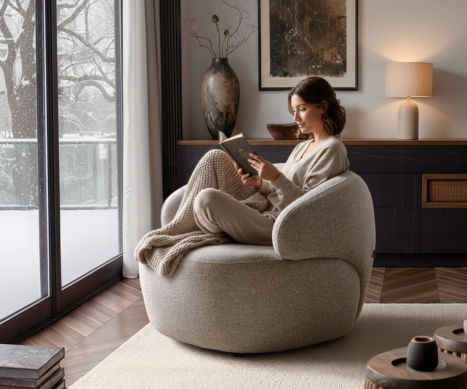 DELIFE Cocktailsessel Nova, Webstoff Soft Beige 88x88 cm Loungesessel