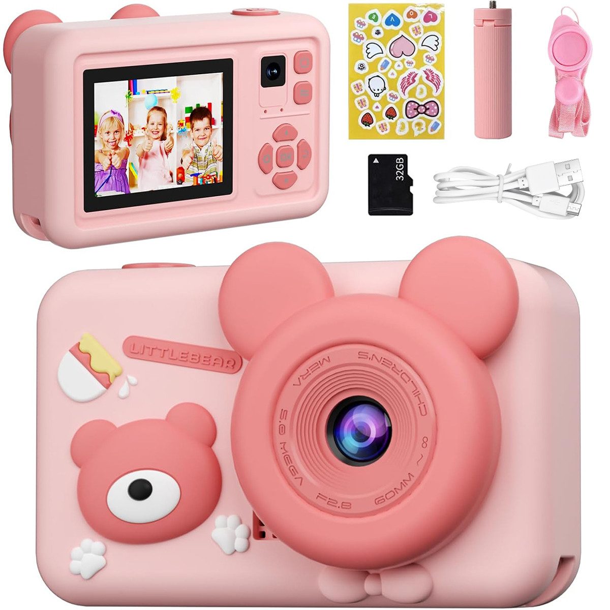 MOPUEA Kinderkamera mit Dualobjektiv, 32GB, 1080P, 2" Display Kinderkamera (inkl. Kinderkamera mit Dualobjektiv, 32GB Speicher und Zubehör, Dualobjektiv, 1080P Video, 26MP Fotos, Silikonhülle, 32GB)