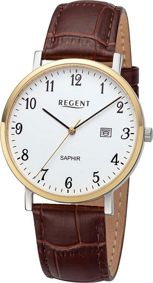 Regent Quarzuhr Regent Herren Armbanduhr Analog, Herren Armbanduhr rund,  extra groß (ca. 40mm), Lederarmband, Datum