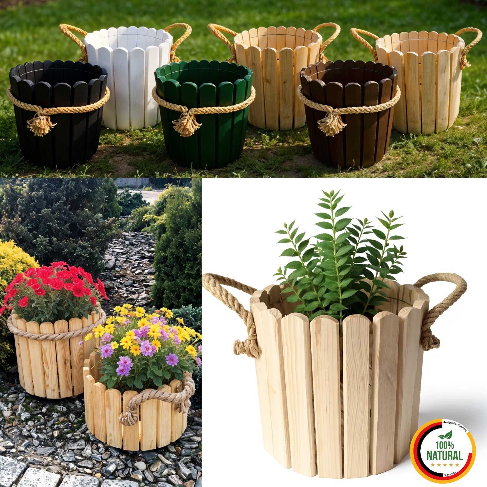 Floranica Übertopf Runder Blumentopf aus Holz Pflanzentopf Pflanzkübel (mit Juteschnur als Griffimitat, 1 St., Unbehandelt), Dekoration für Haus und Garten, für Innen- und Außenbereich