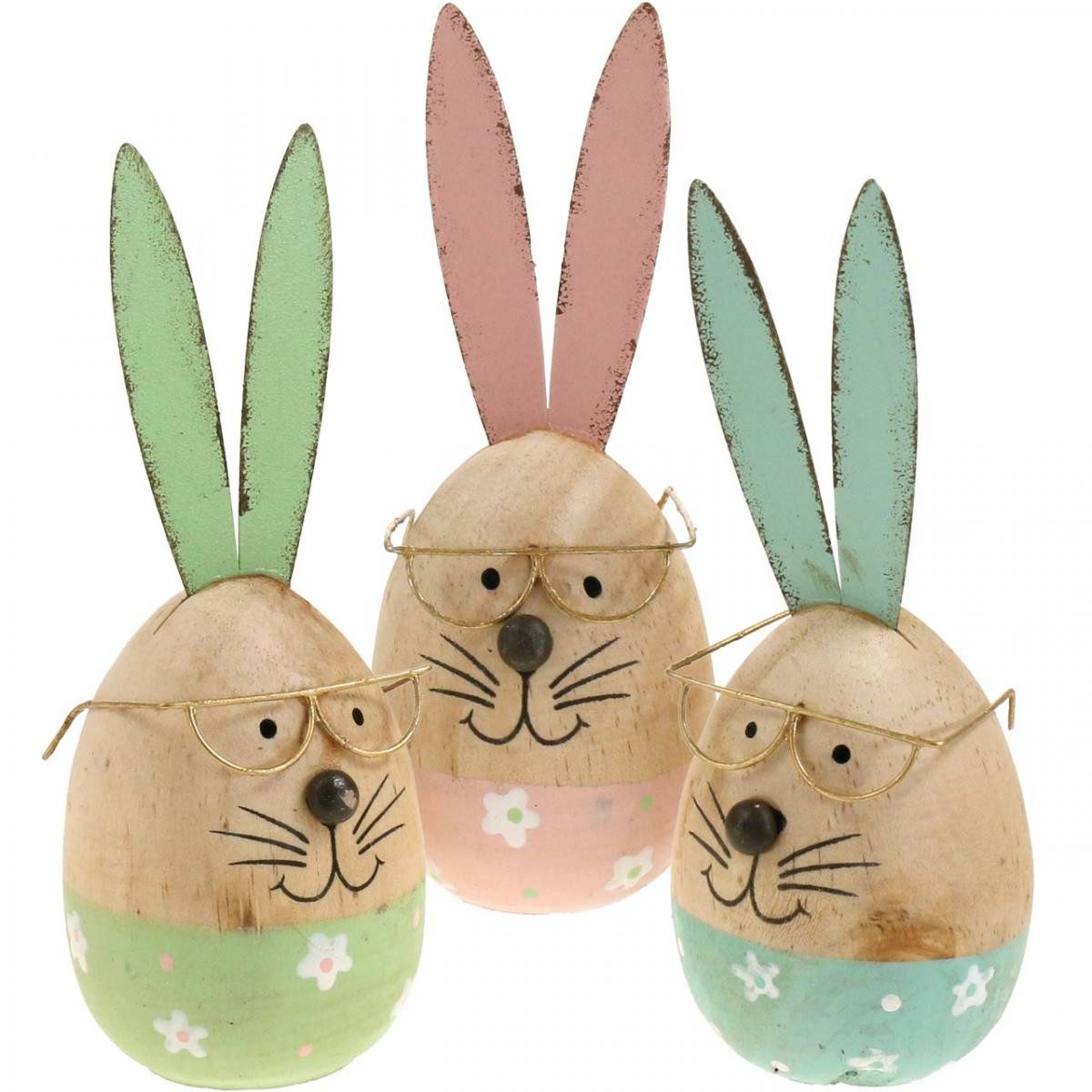 Viana Osterfigur Osterhase mit Brille Holzfigur Deko Ei Set H13,5cm 3er Pack, 3 Stück