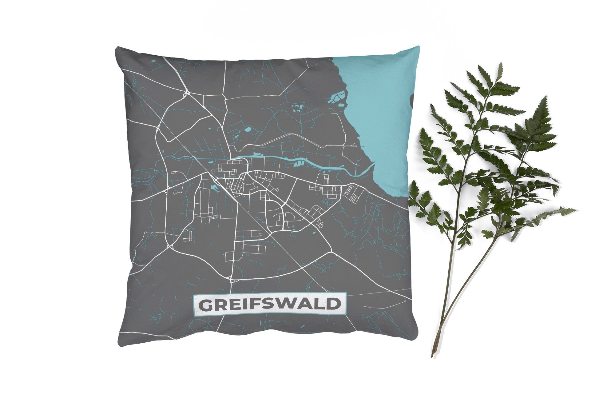 MuchoWow Dekokissen Deutschland - Blau - Greifswald - Stadtplan - Karte, Zierkissen mit Füllung für Wohzimmer, Schlafzimmer, Deko, Sofakissen