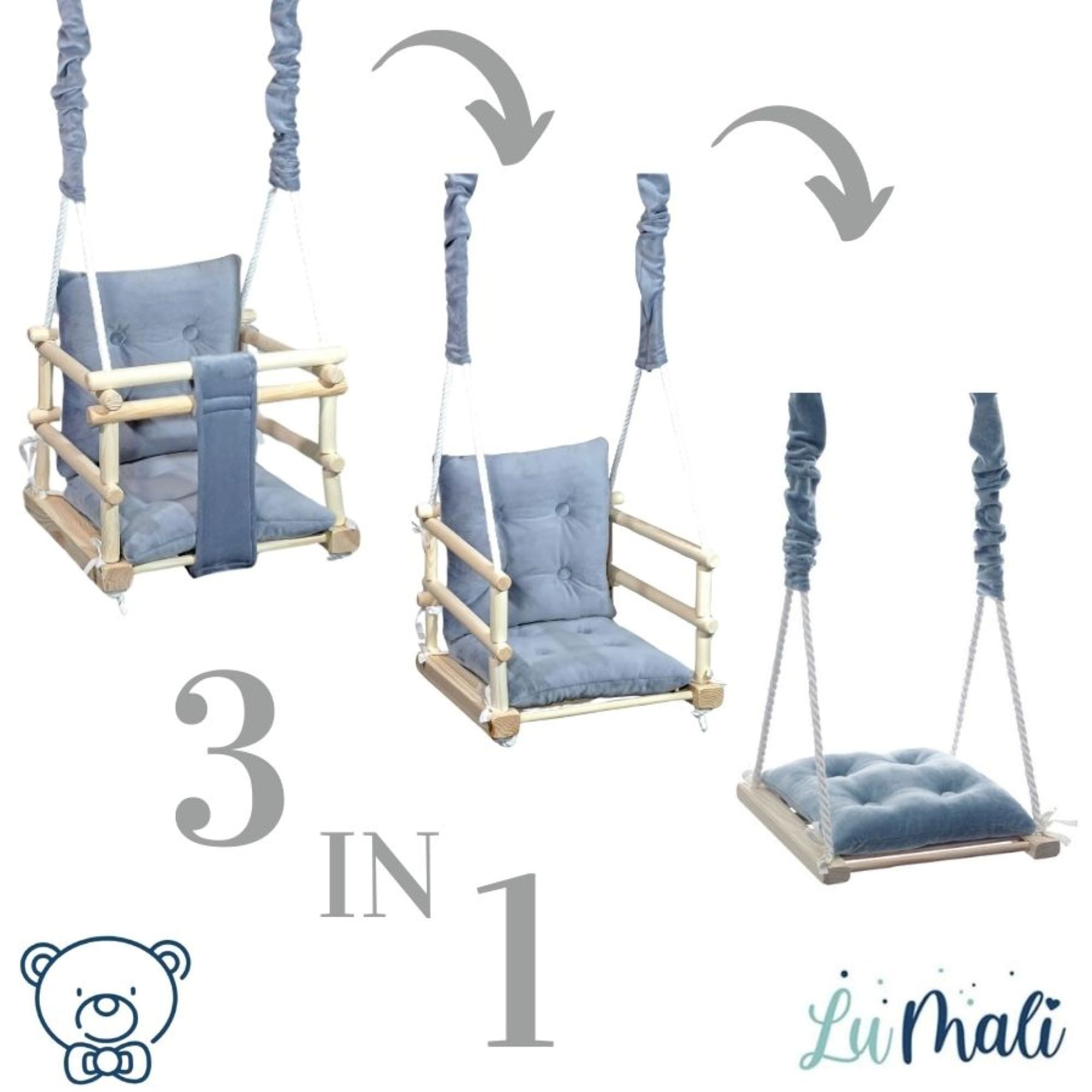 LuMali Babyschaukel Babyschaukel Magic 3in1 Holz Sicherheitsgurt drinnen draußen 34cm, Kinderschaukel Naturholz Kiefer weich verstellbar 10-36 Monate