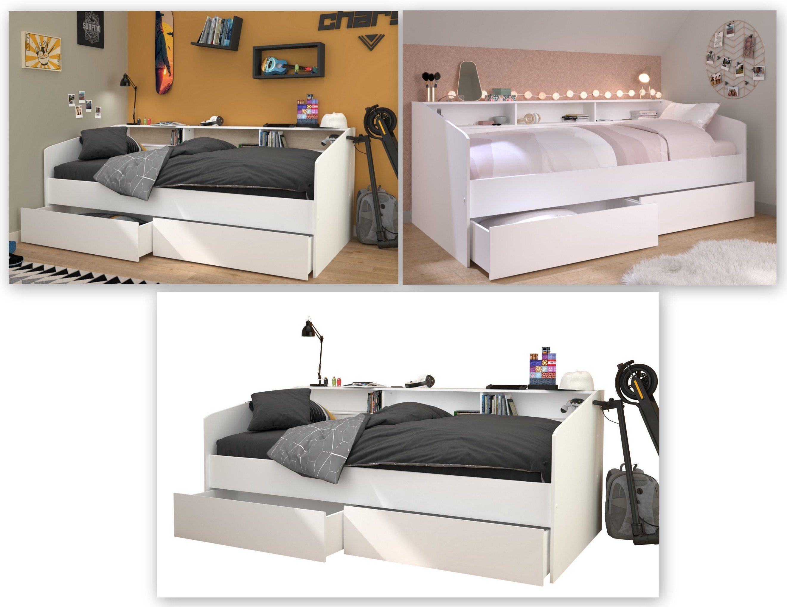 Bettkästen Fächer Parisot + mit Multimediabett weiß 2 Rückwänden inkl. drehbaren Sleep 3