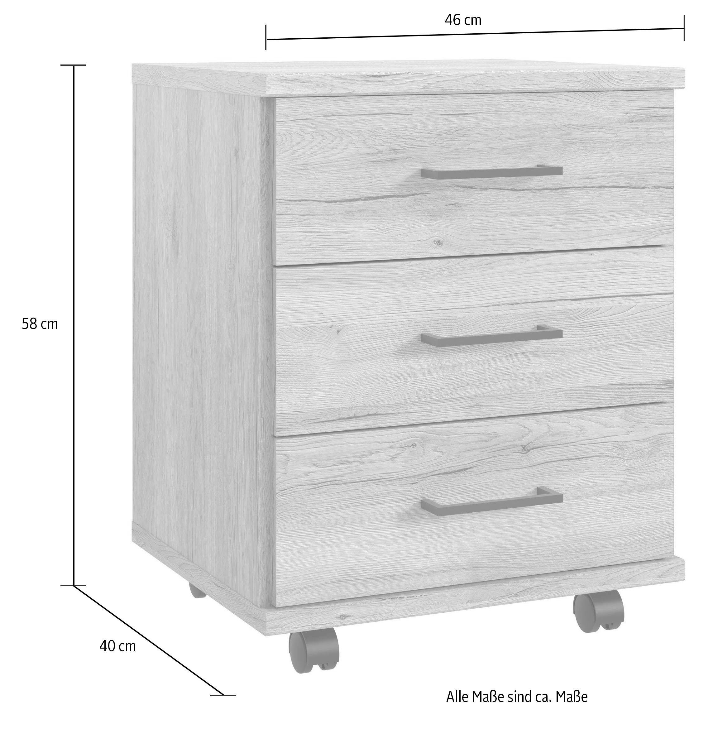 Schubladen, Nachbildung 46cm Wimex 58cm Home Rollcontainer Plankeneiche mit Desk, 3 breit, hoch