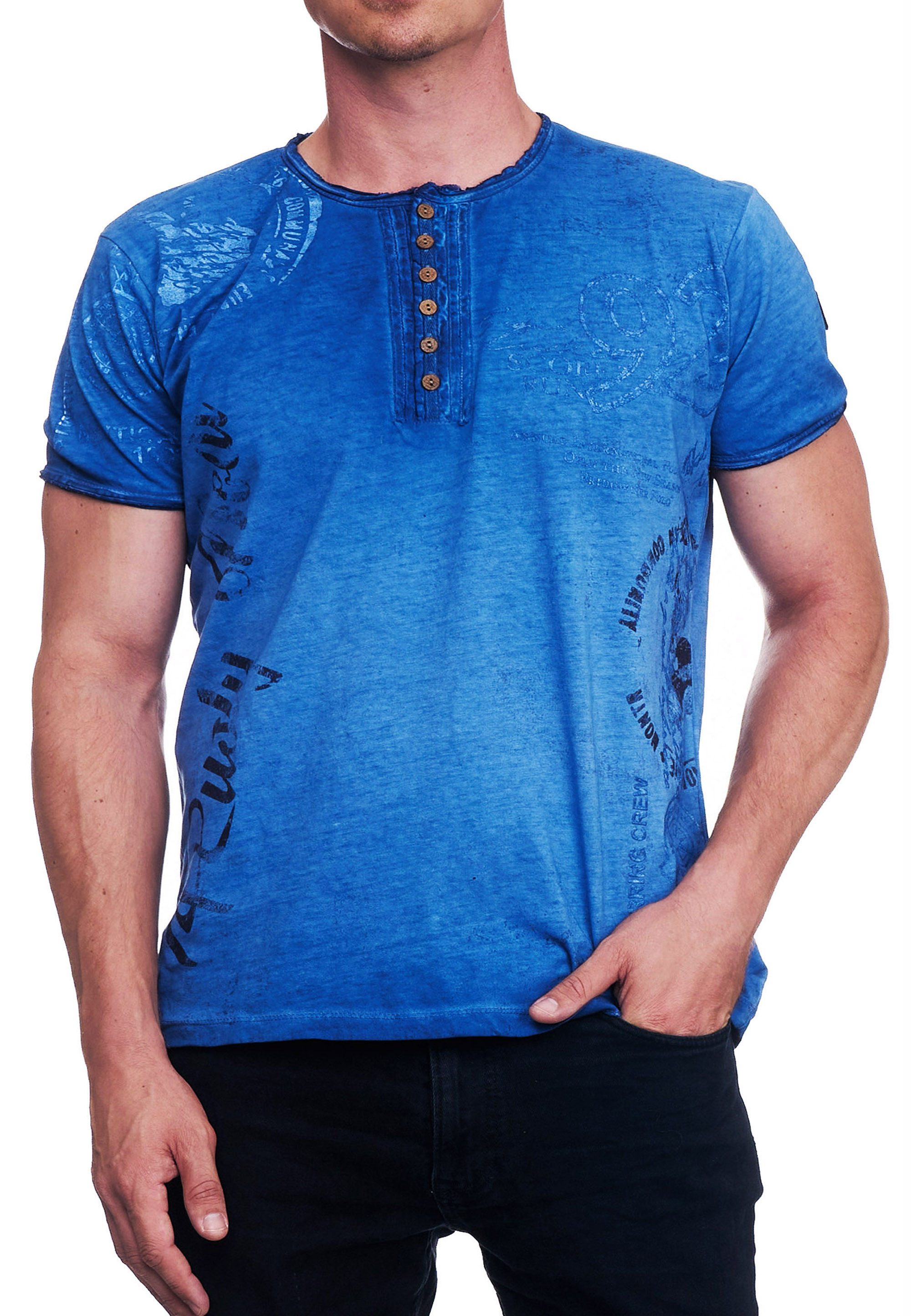 T-Shirt Verwaschenes Herren T-Shirt Rundhals Knopfleiste Tee Shirt Kurzarm