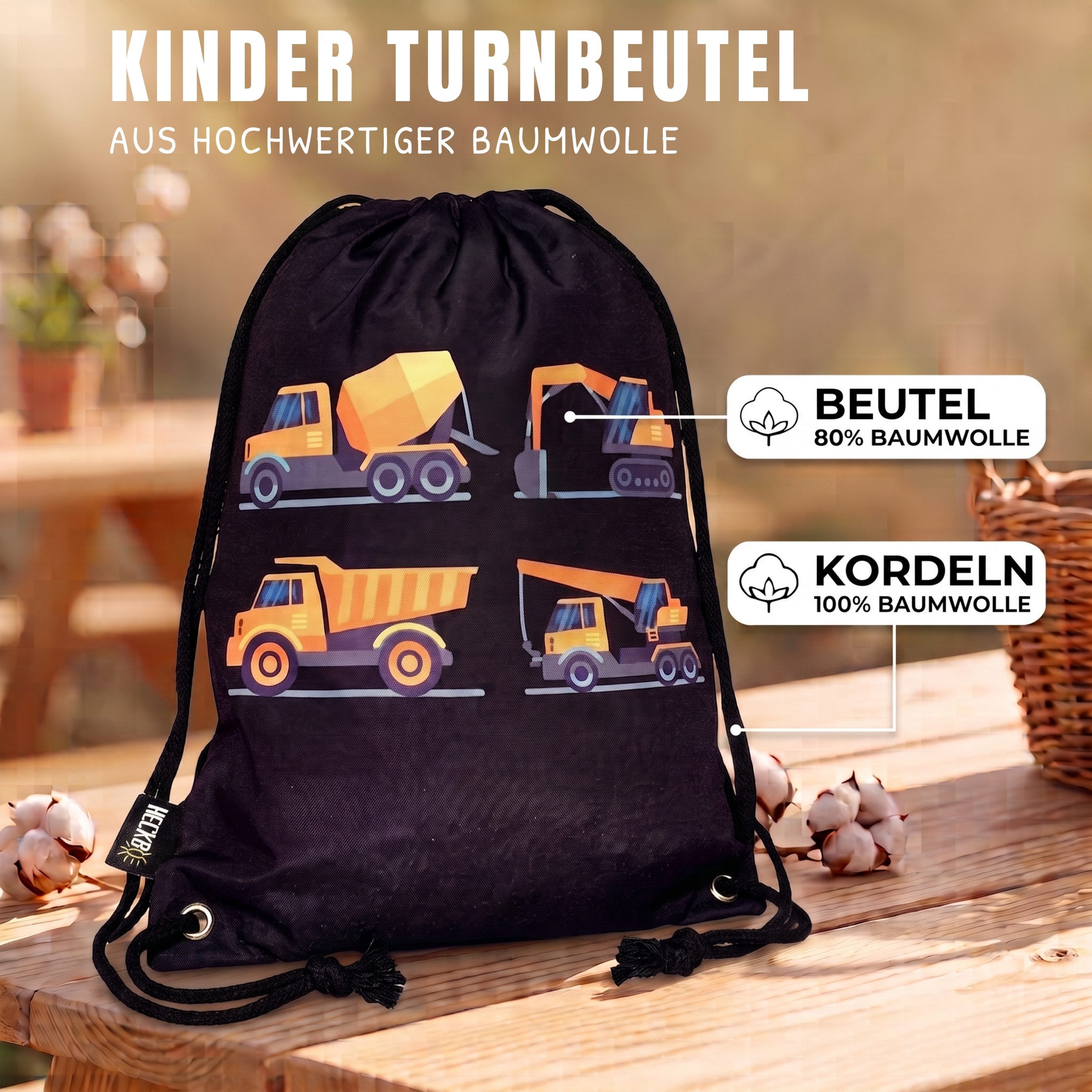 HECKBO Turnbeutel Kinder Turnbeutel 80% Baumwolle verschiedene Motive – Bild 2 von 5
