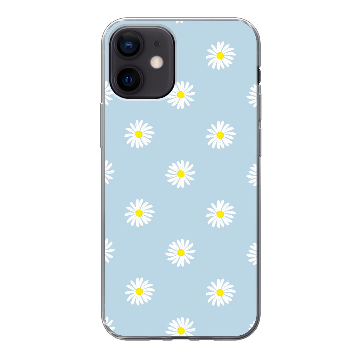 MuchoWow Handyhülle für Apple iPhone 12 Gänseblümchen - Pastell - Weiß - Blau - Blumen, Smartphone-Bumper, Print, Handy Schutzhülle Dünn