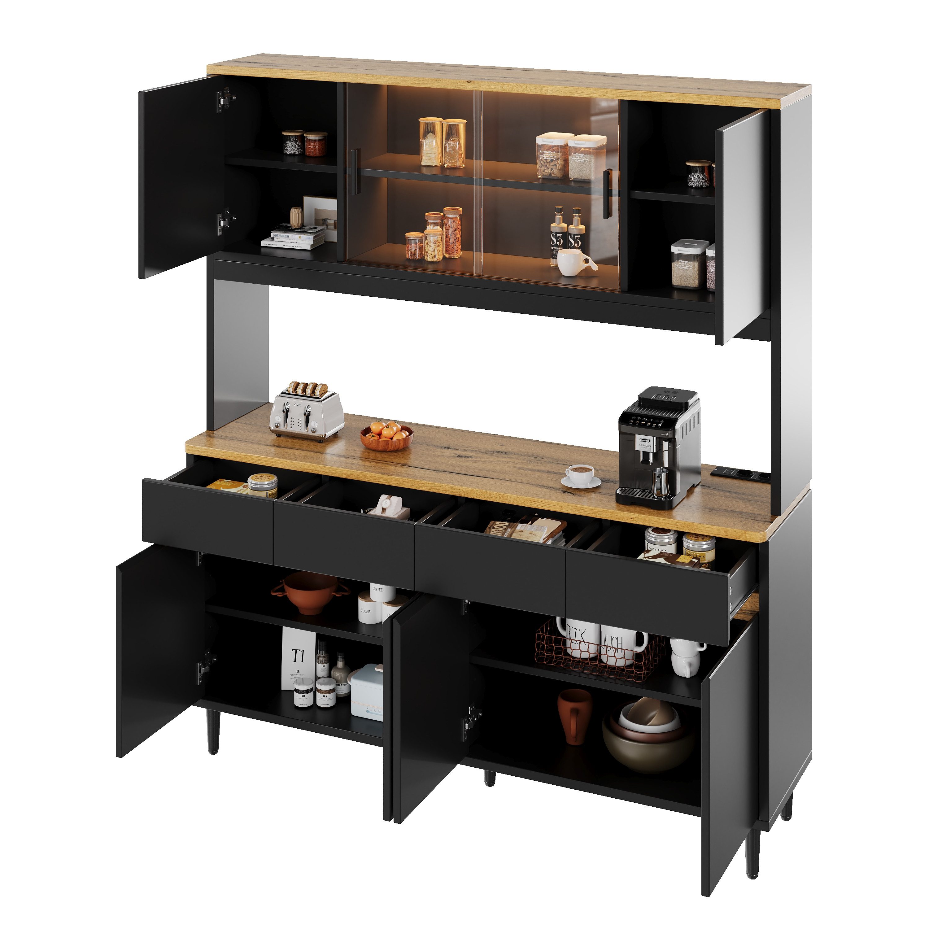 BlingBin Hochschrank 160x40x185 cm Buffetschränke Mit Farbigem Lichtstreifen, Küchenbuffet (1er Set, 1-St., Tragfähigkeit: 45kg, Integrierte Steckdose, USB-C- & USB-A-Anschlüsse) Küchenschrank mit Mehrstufigem Stauraum für Esszimmer, Schwarz+Eiche
