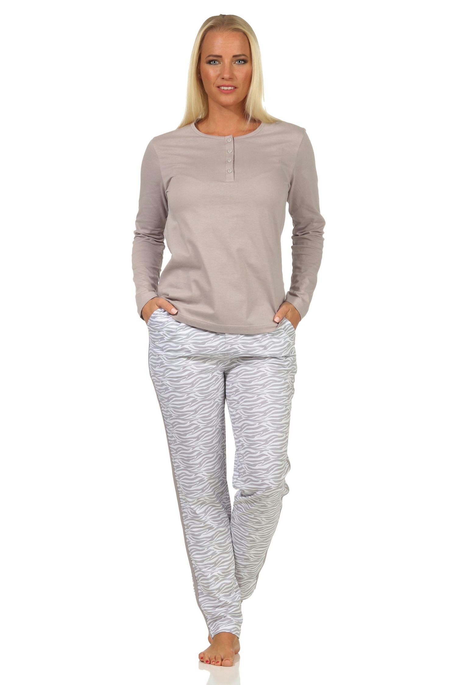 Normann Pyjama Damen Pyjama langarm mit seitlichen Streifen am Bein + Animal-Muster grau