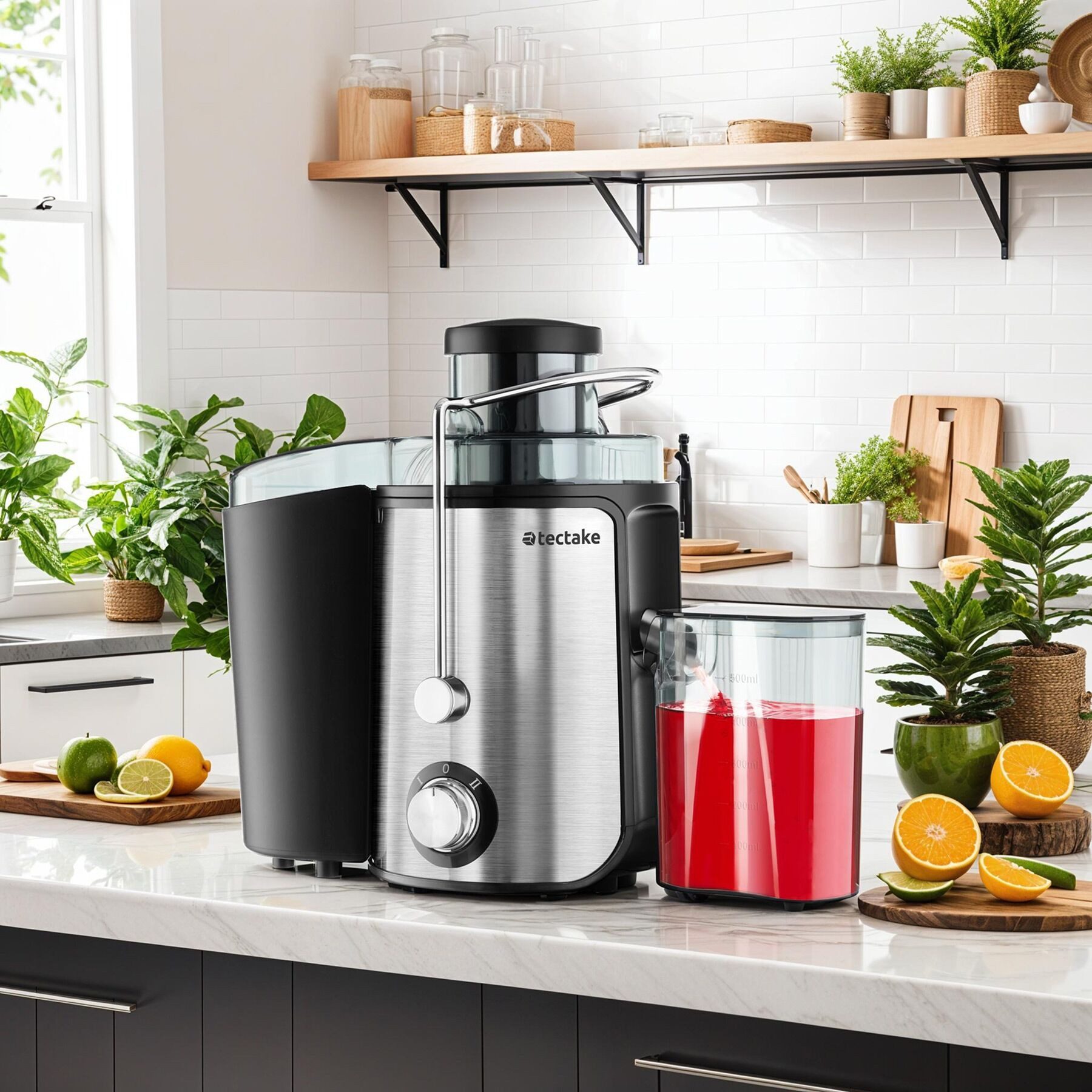 tectake Entsafter Saftpresse, 18 x 26 x 28,5, GS-Zertifikat, rutschfeste Gummifüße, 600 W, 600 W, 2 Geschwindigkeitsstufen, Edelstahlgehäuse, Reinigungsbürste