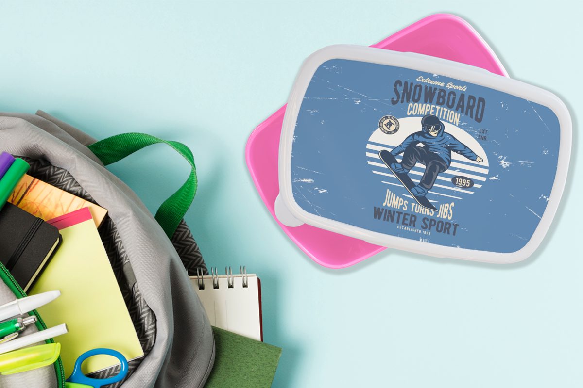 MuchoWow Lunchbox Snowboard - Mann Snackbox, Brotdose Kunststoff, (2-tlg), für Vintage, - rosa Mädchen, Kunststoff Kinder, Brotbox Erwachsene