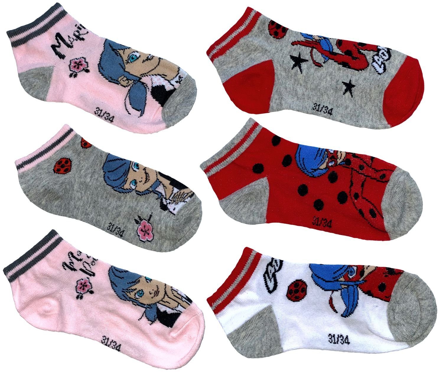 Miraculous - Ladybug Sneakersocken 6x Miraculous Ladybug kurze Mädchensocken Sommer + Frühling Socken Kinder Strümpfe 23/26 27/30 31/34