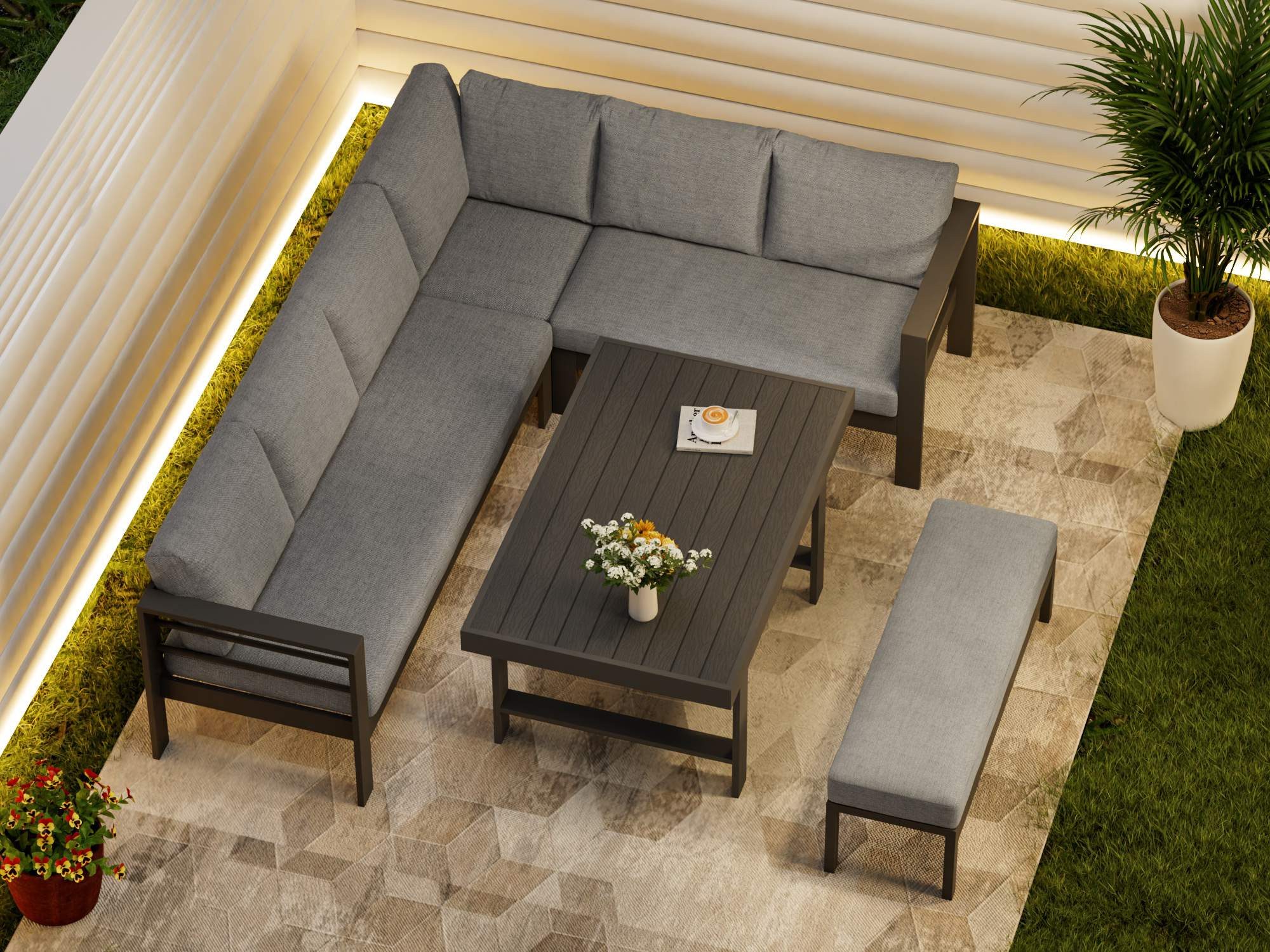 MeXo Gartenlounge-Set XXL Outdoor Lounge Set mit Esstisch, (wetterfeste modulare Ecklounge aus Aluminium, 5-tlg., Gartenmöbel Set für 6-8 Personen), 12cm Deluxe – Bild 5 von 5