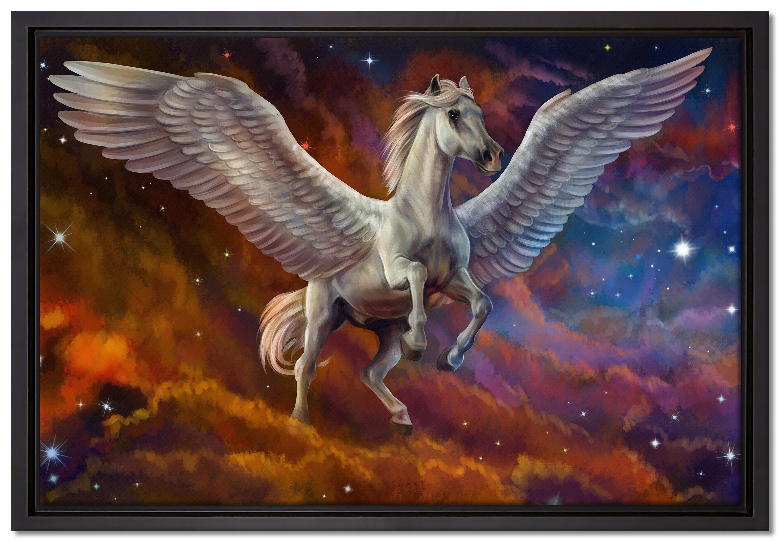 Pixxprint Leinwandbild Weißer Pegasus mit Engelsflügel, Wanddekoration (1 St), Leinwandbild fertig bespannt, in einem Schattenfugen-Bilderrahmen gefasst, inkl. Zackenaufhänger